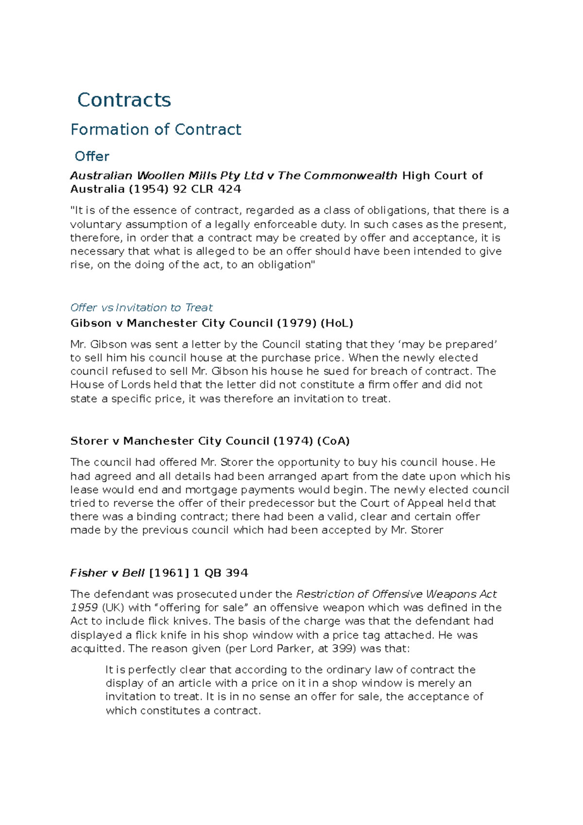 CLAW1001 Final Exam Notes on Contract Formation and Case Law - Studocu