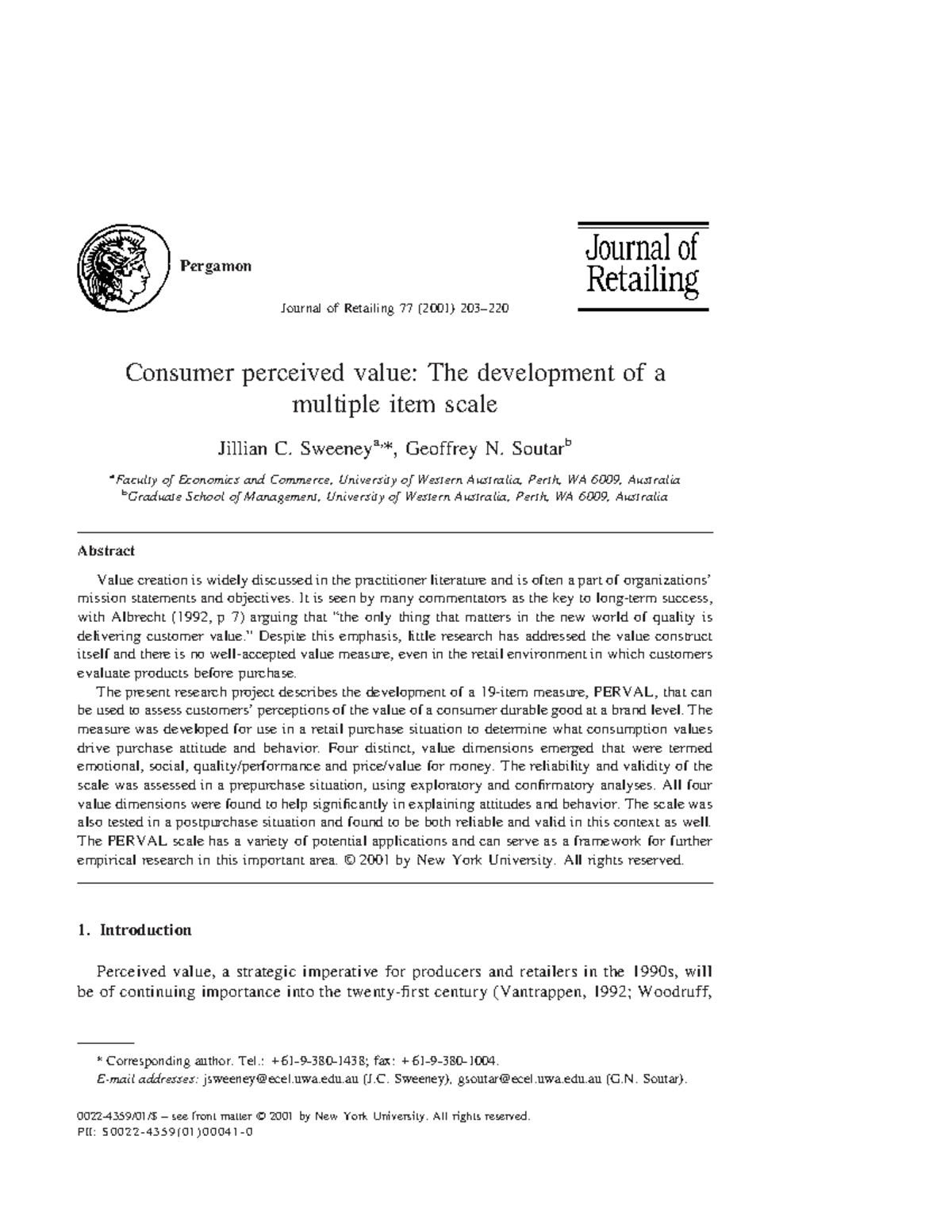 SS2001 - Consumer Perceived Value: Developing the PERVAL Scale - Studocu