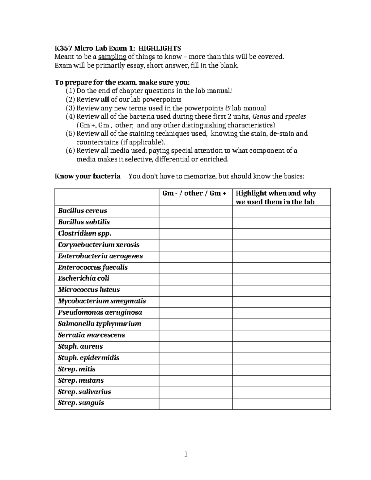 K357 Micro Lab Exam 1 Study Guide: Key Concepts & Techniques SP24 - Studocu