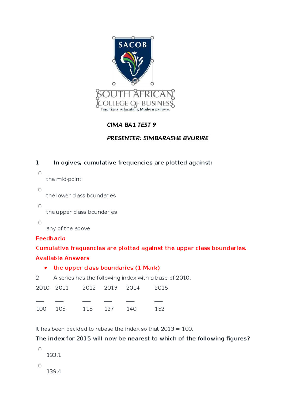 CIMA BA1 TEST 9- August the 5th- Answers - CIMA BA1 TEST 9 PRESENTER ...