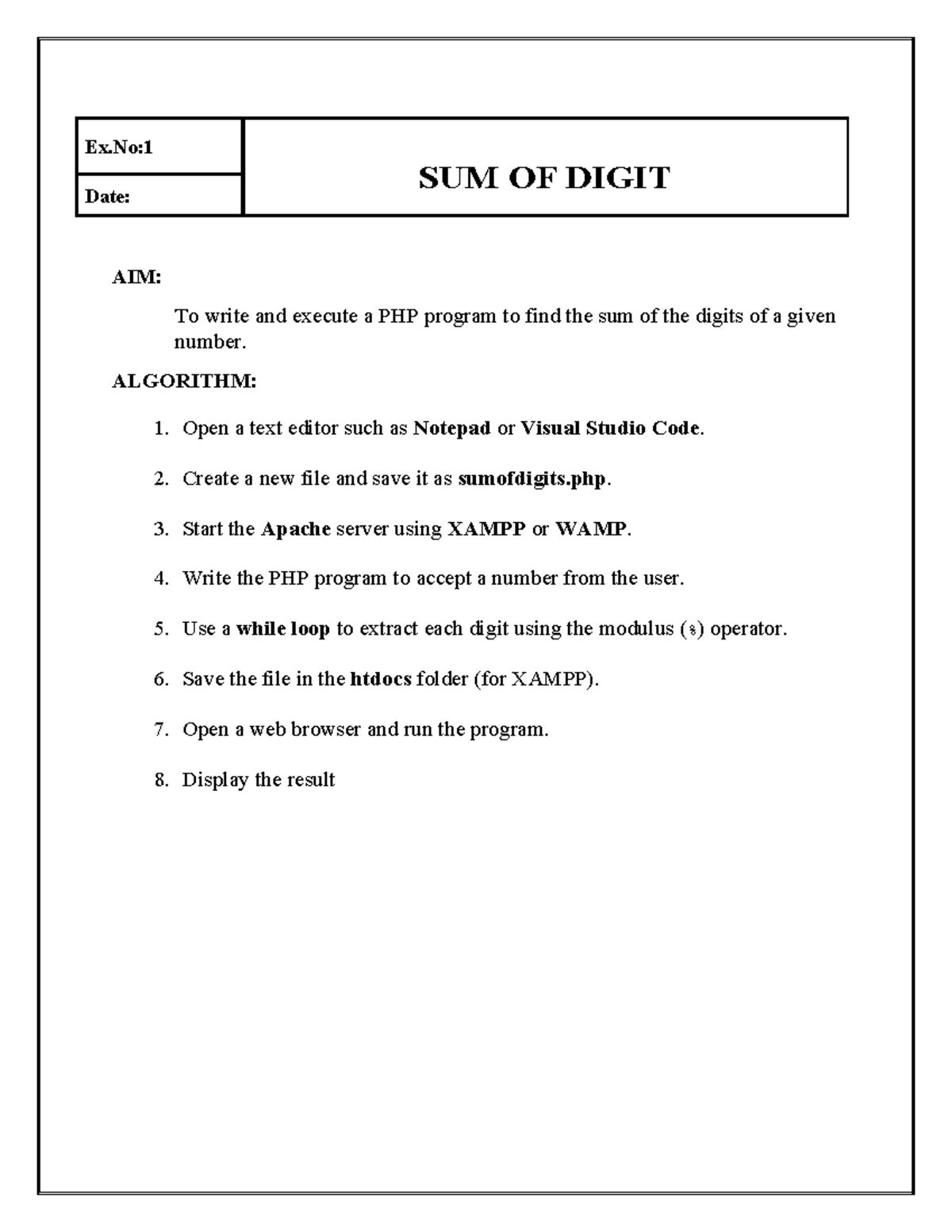 Ex.No:1 & 2 PHP Lab Notes: Sum of Digits & Arithmetic Ops - Studocu