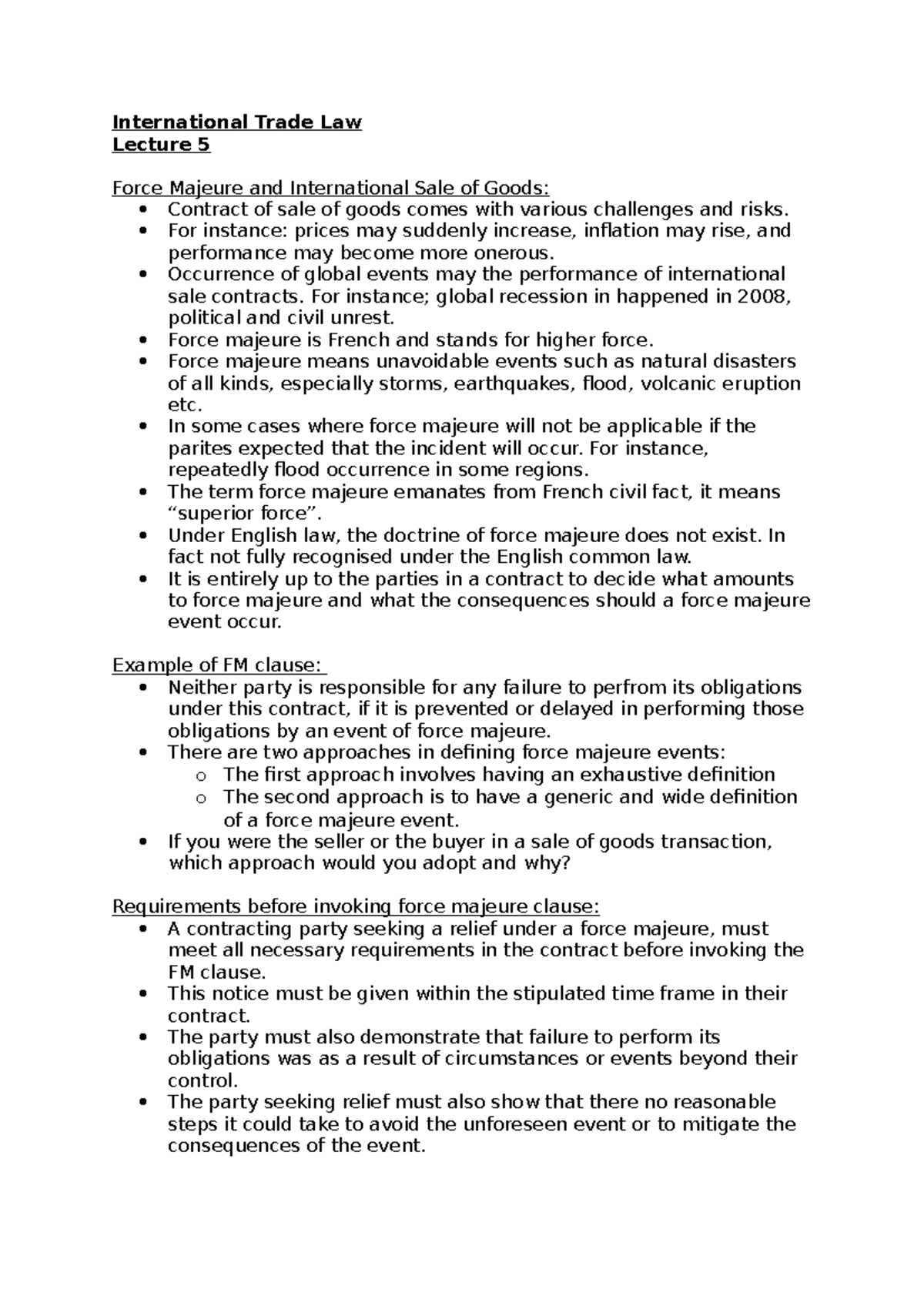 INTL 101: Lecture 5 - Force Majeure in International Trade Law - Studocu