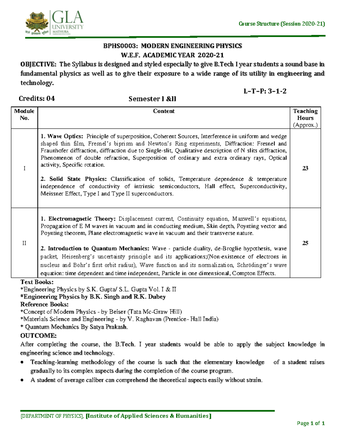 Physics syllabus - Course Structure (Session 2020-21) [DEPARTMENT OF ...