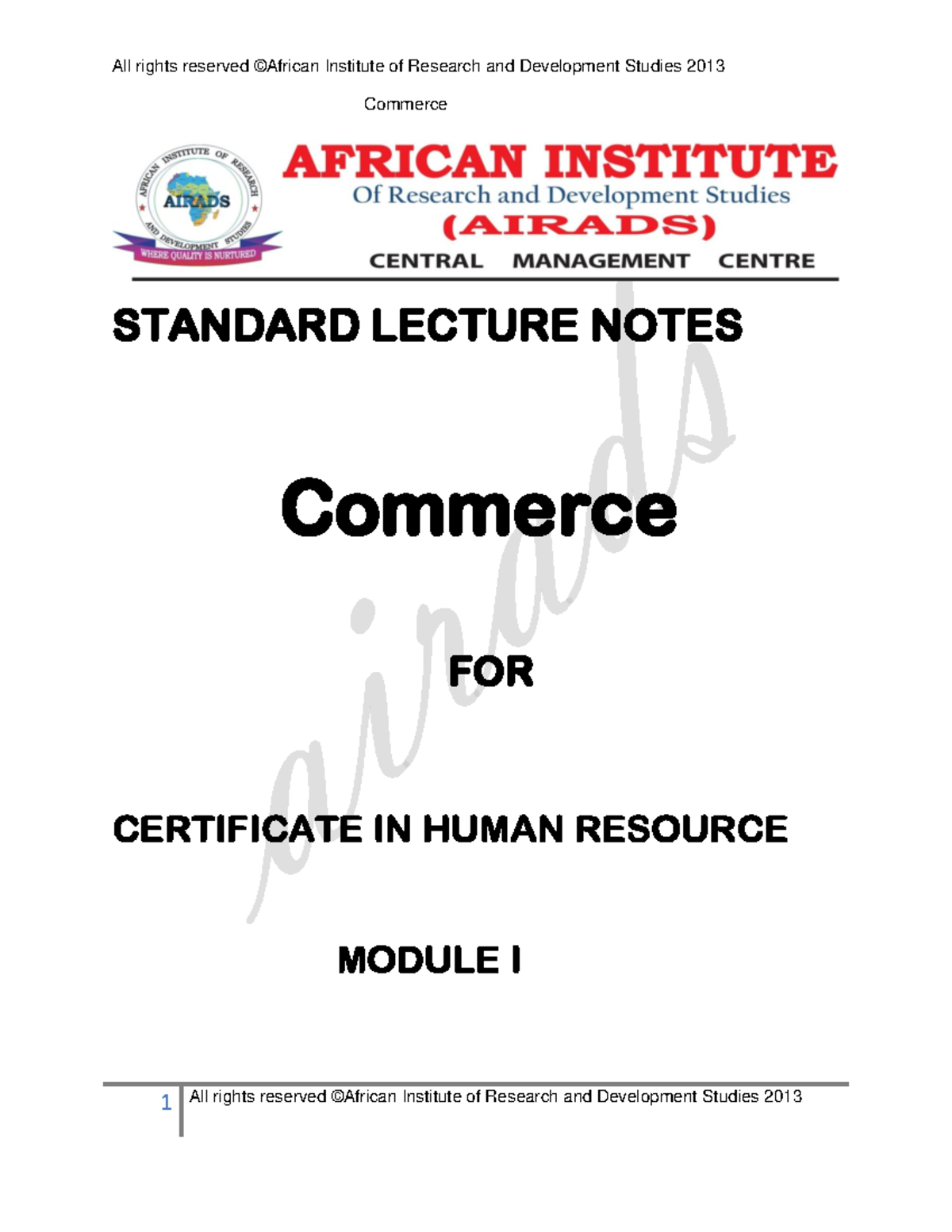 Commerce - Standard Lecture Notes for Certificate in HR Module I - Studocu