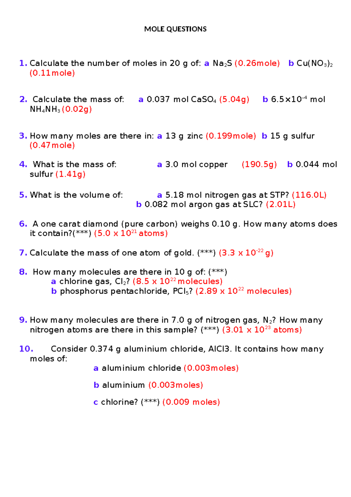 1.3.3 Mole Calculations: Comprehensive Guide to Mole Questions - Studocu