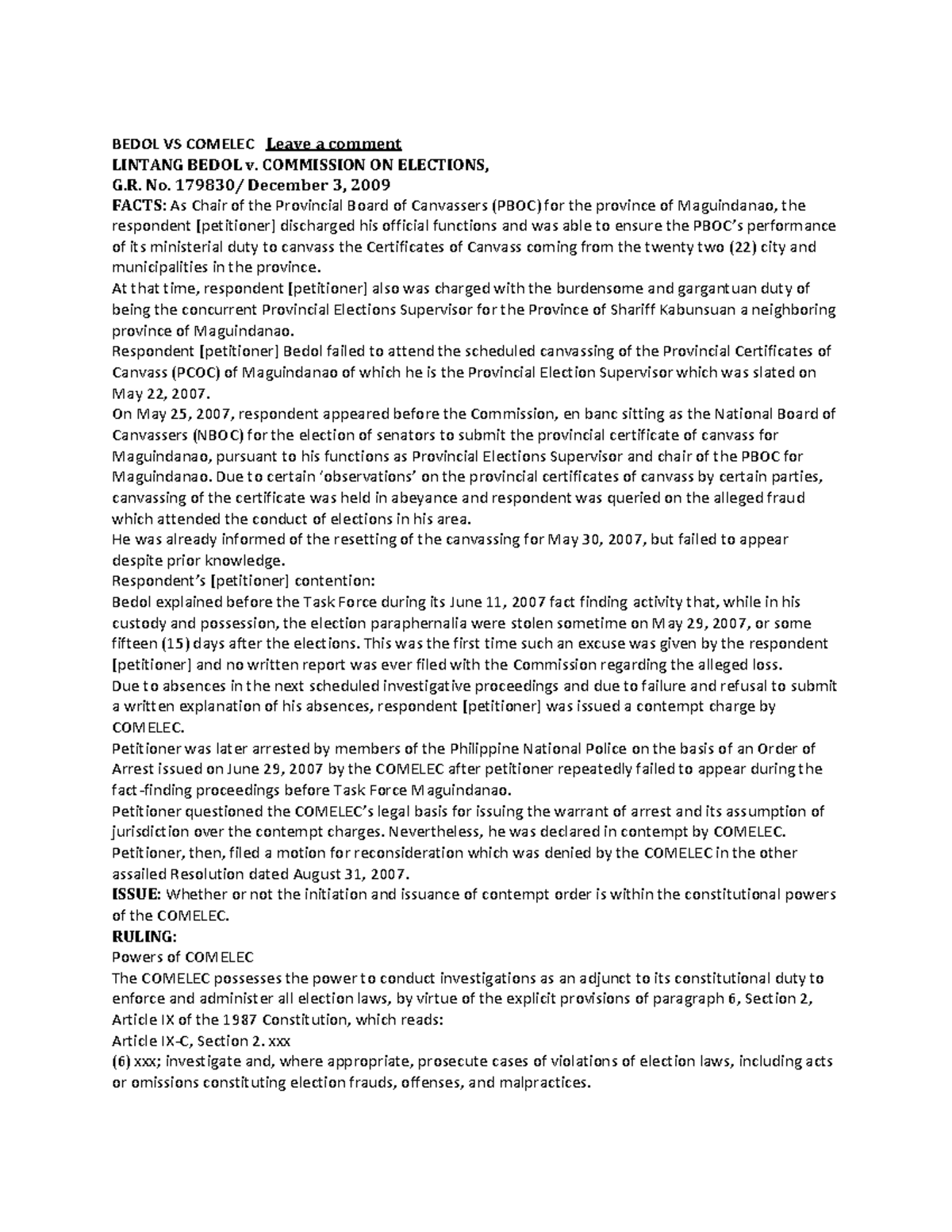 Bedol v. COMELEC Case Study: Contempt Charges Overview - Studocu