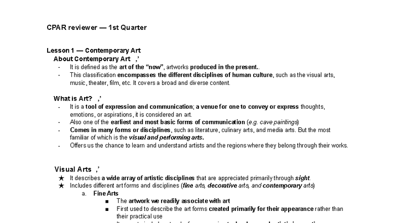 CPAR 1st Quarter Lesson 1: Understanding Contemporary Art - Studocu