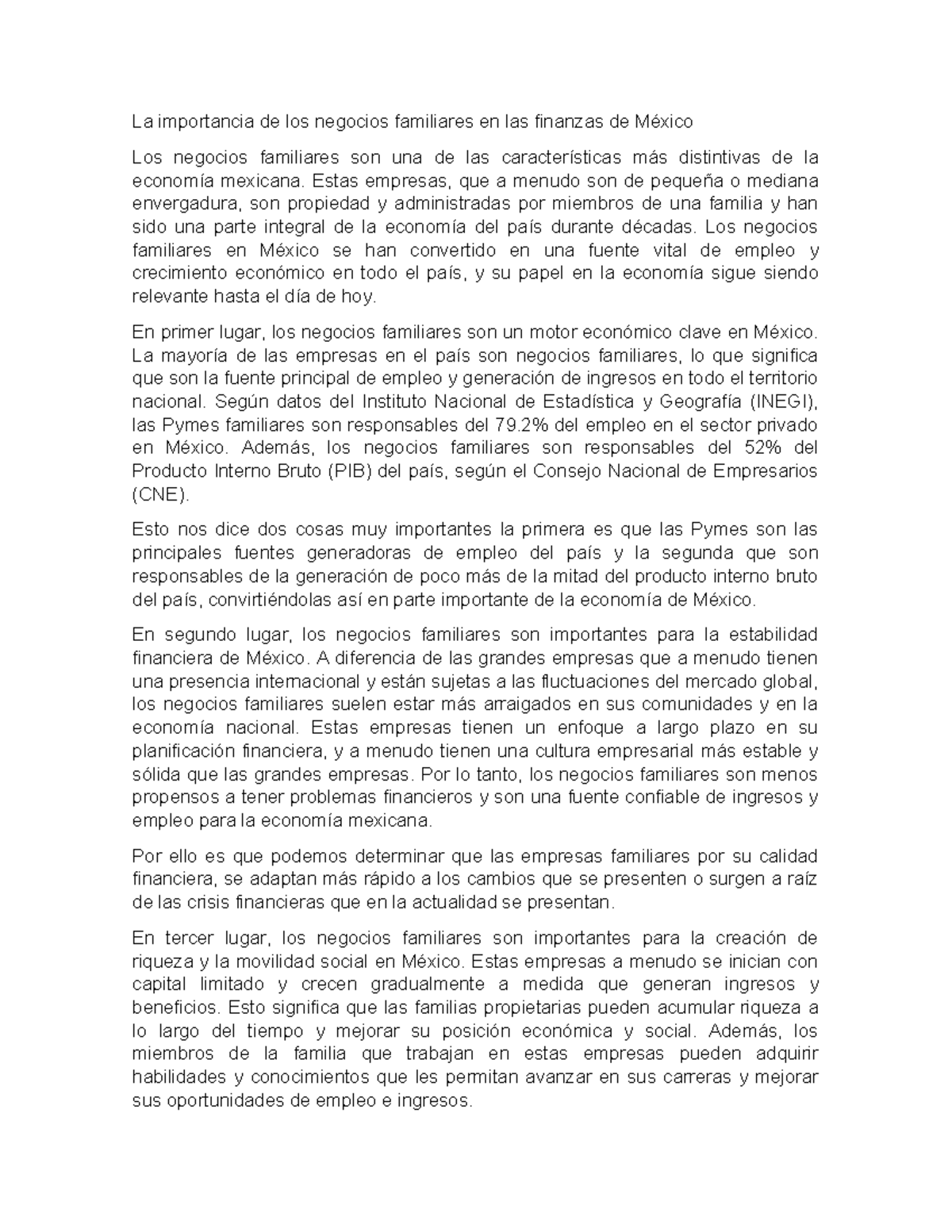 La relevancia de los Negocios Familiares en Finanzas de México - Studocu