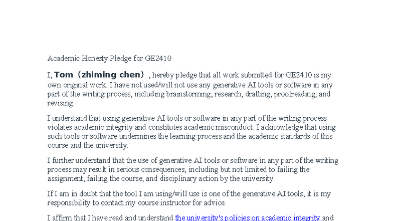 Academic Honesty Pledge for GE2410: Commitment to Integrity - Studocu