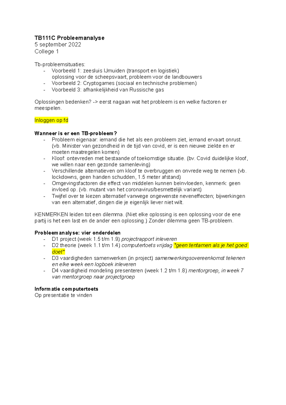 TB111C College 1: Probleemanalyse en Oplossingen Verkennen - Studeersnel