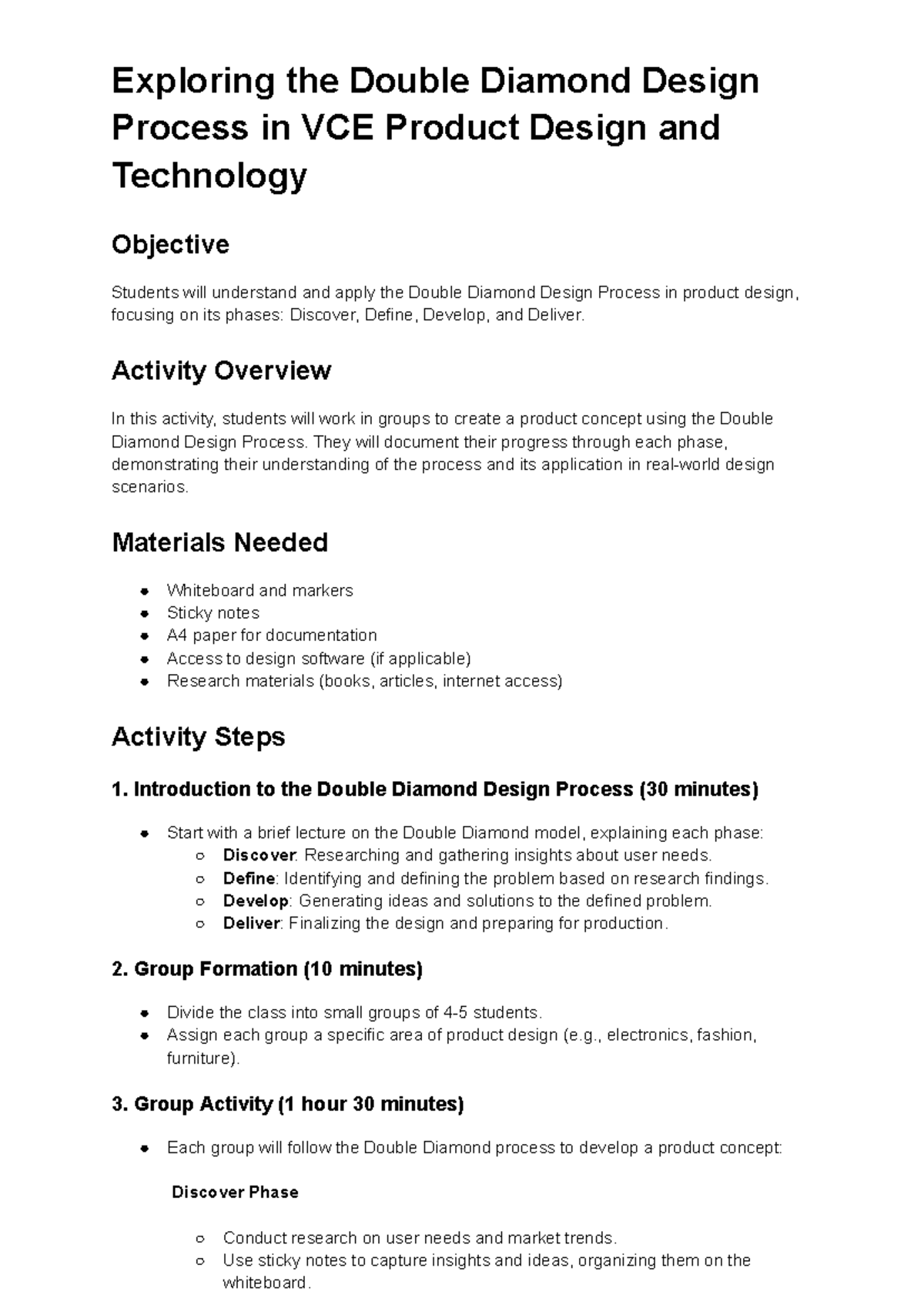 VCE Product Design & Tech: Double Diamond Design Process Guide - Studocu