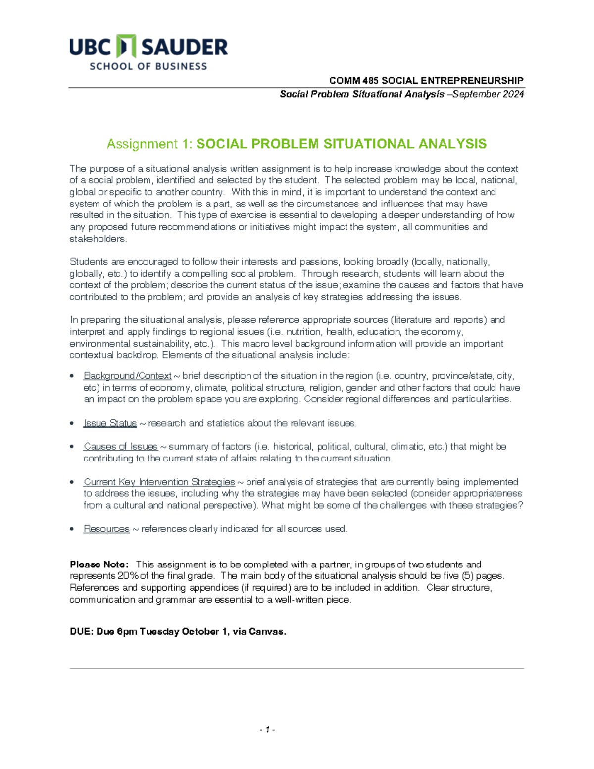 COMM 485 Social Entrepreneurship: Situational Analysis of a Social ...