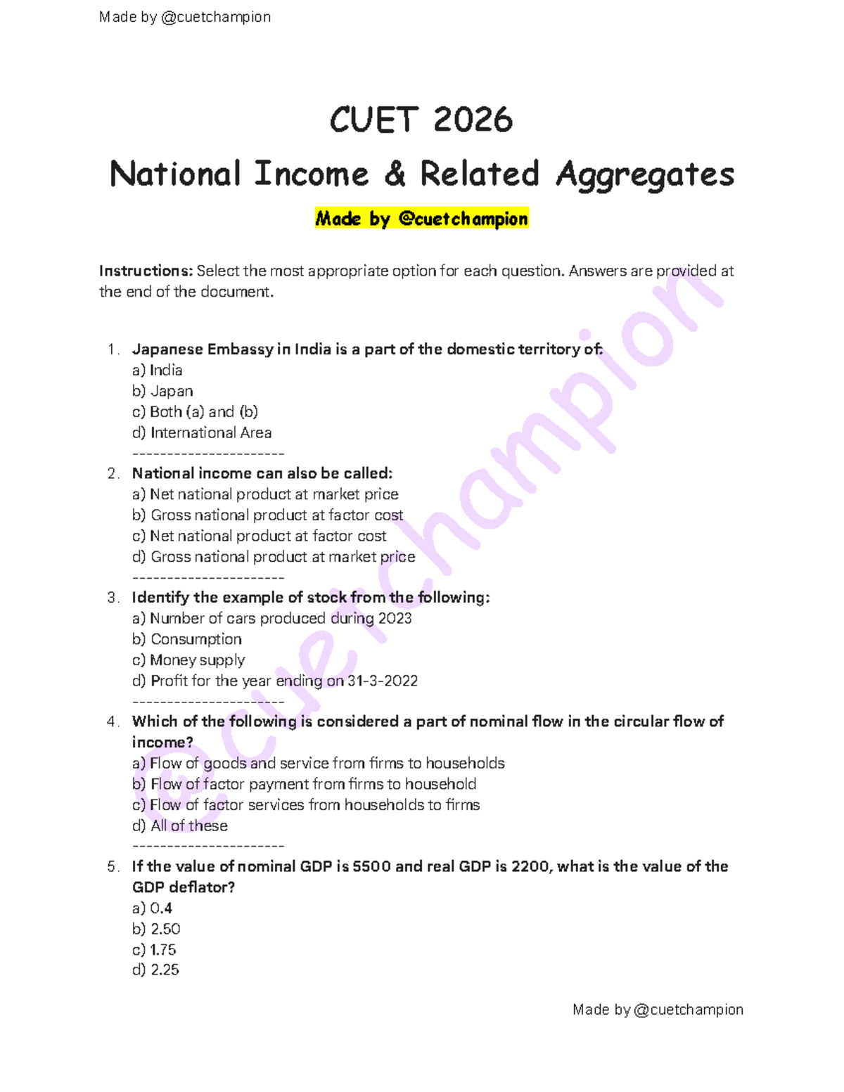 National Income (ECON 101) - Key MCQs and Answers - Studocu
