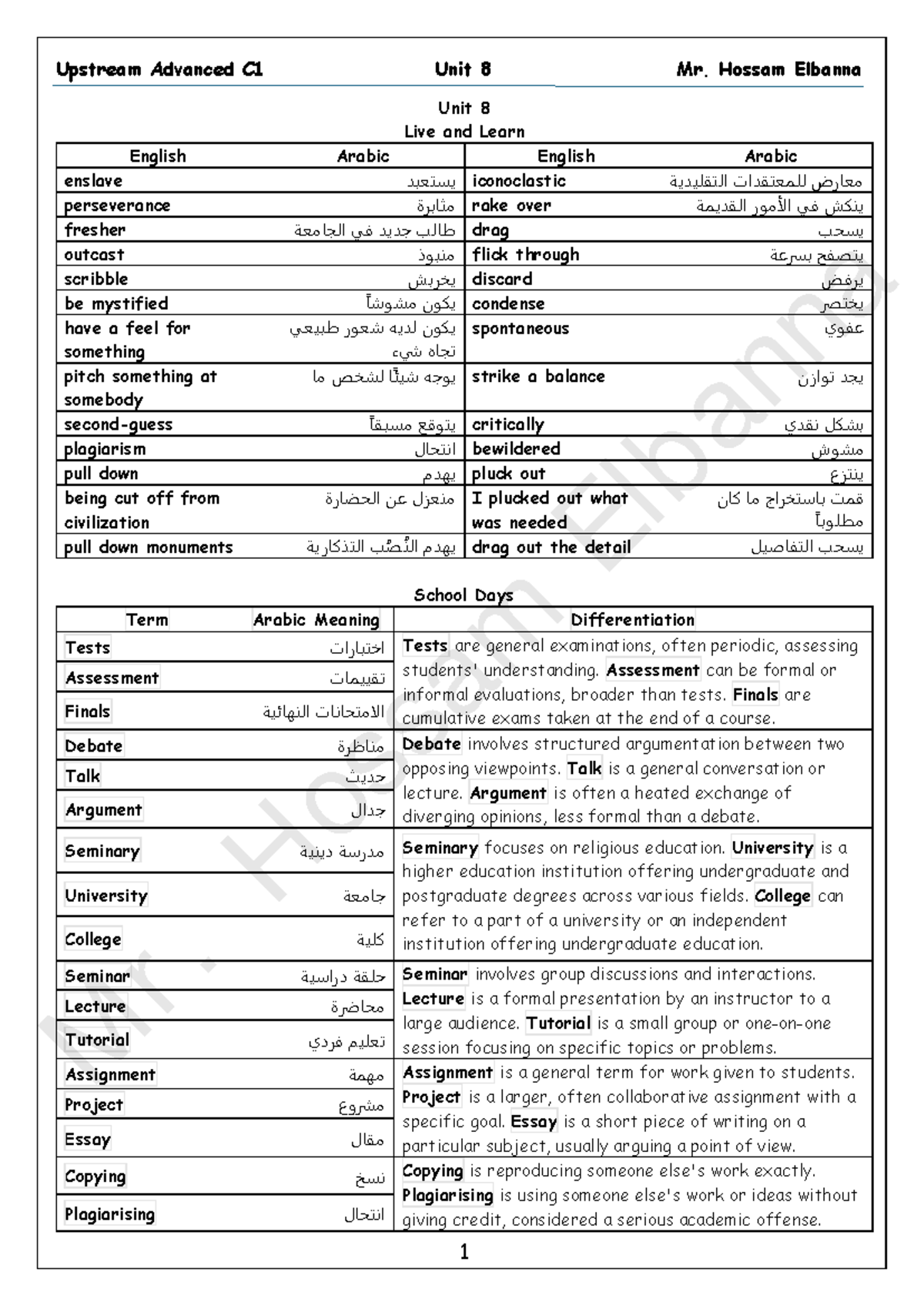 Upstream Advanced C1 Unit 8 Study Notes by Mr. Hossam Elbanna - Studocu