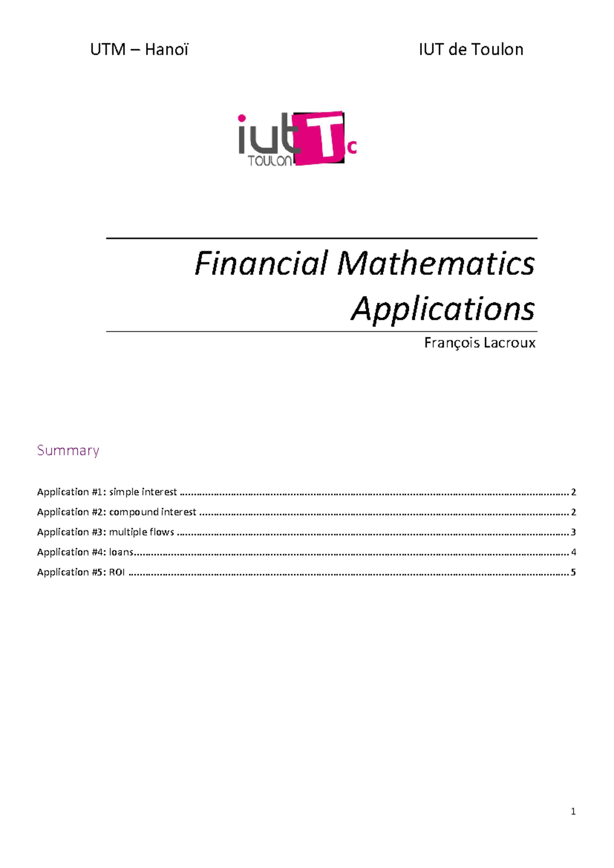 FM - Applications of Financial Mathematics at UTM Toulon - Studocu