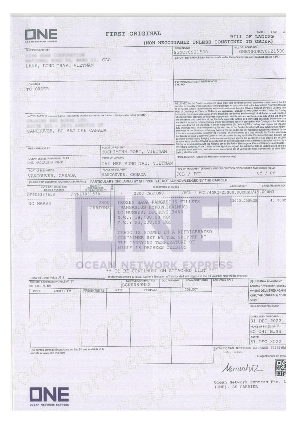 MBL Document - Ocean Network Express Bill of Lading SGNCV0921500 - Studocu