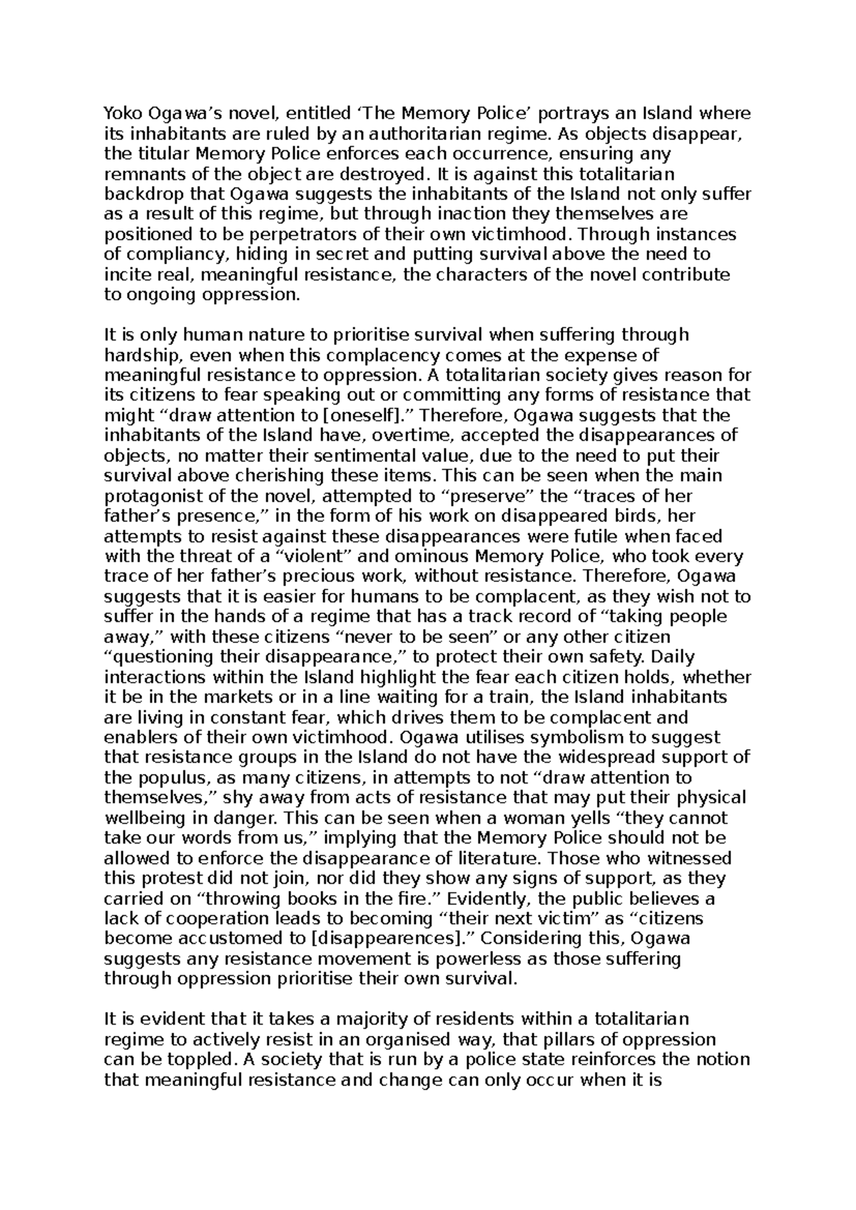 ENG 202: Essay on Ogawa's "Memory" and the Nature of Complacency in ...