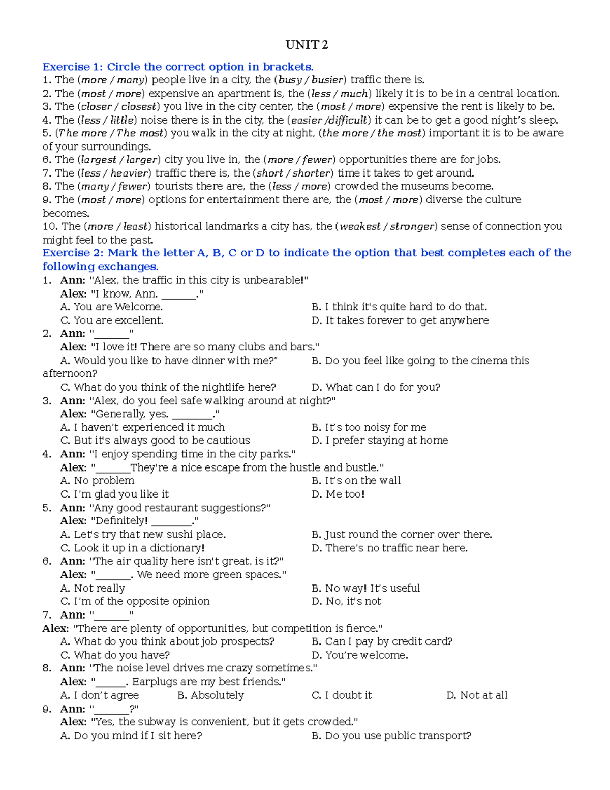 UNIT 2 Exercise: Correct Options and Conversations - Studocu