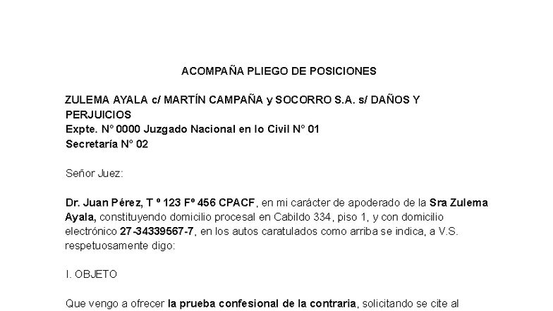 Escrito Zulema - Pliego de Posiciones y Prueba Confesional - Studocu
