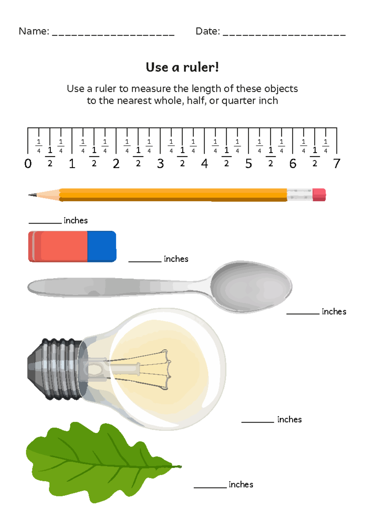 Measuring Objects to the Nearest Inch - 3rd Grade Worksheet - Name ...