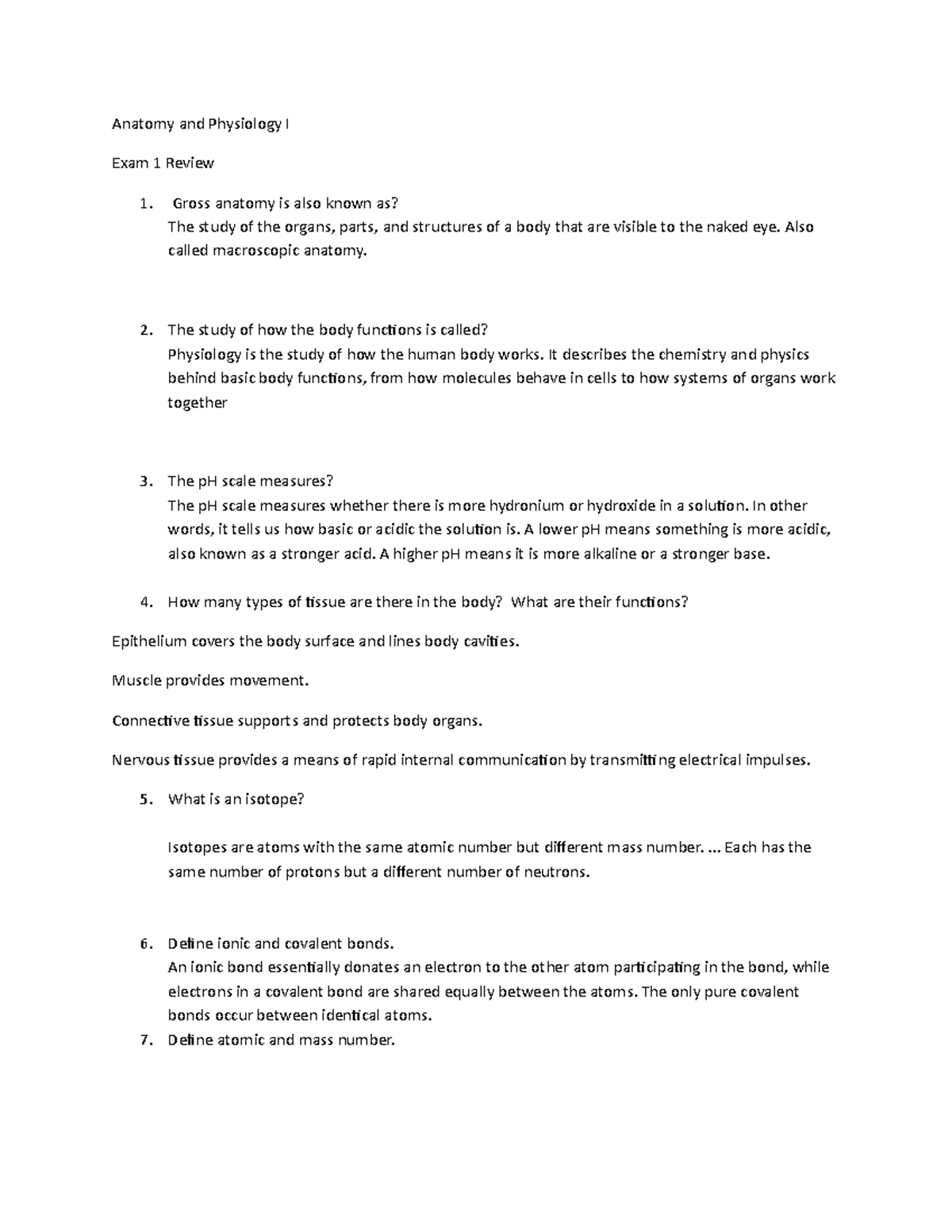 Anatomy and Physiology I Exam I Study Guide and Key Concepts - Studocu