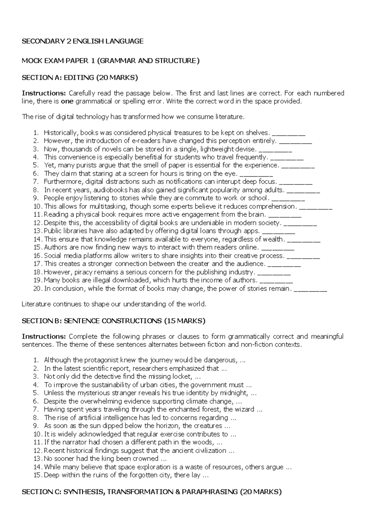 080526 ENGLISH LANGUAGE MOCK EXAM: GRAMMAR & STRUCTURE EDITING - Studocu