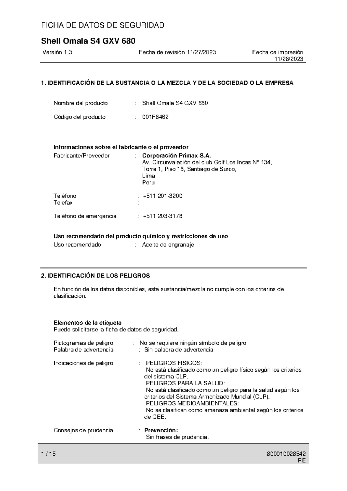 Hoja de Seguridad para Shell Omala S4 GXV 680 - GSAP 02676563 - Studocu