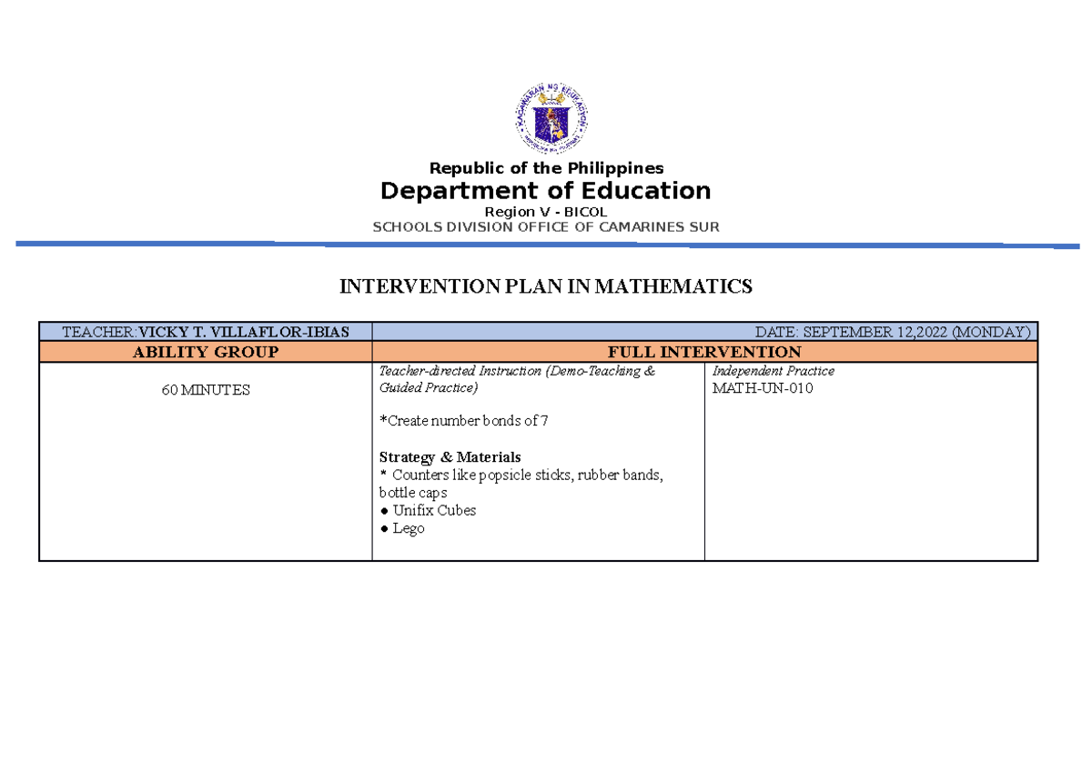 Intervention PLAN IN MATH Edited 1 - Department of Education Region V ...