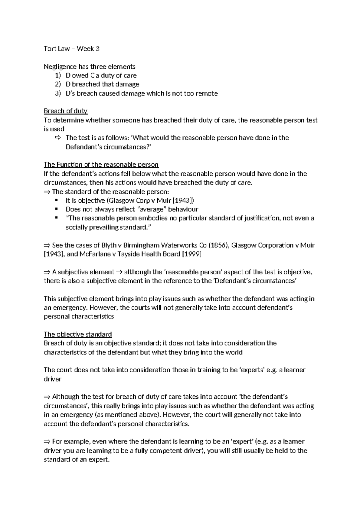 Tort Law (LAW101) - Week 3: Understanding Breach of Duty in Negligence ...