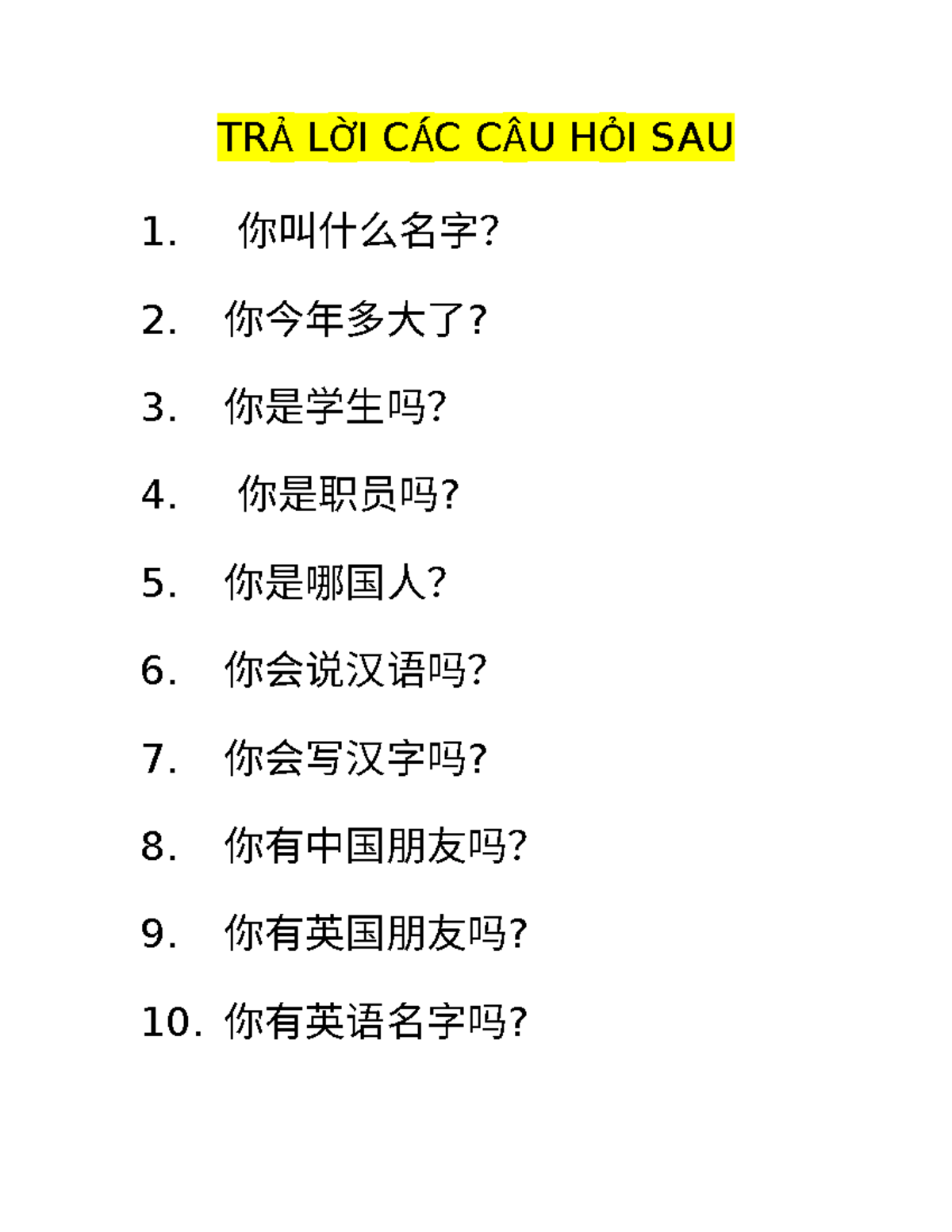 BỘ CÂU HỎI LUYỆN KHẨU NGỮ HSK1 - TÀI LIỆU ÔN TẬP - Studocu