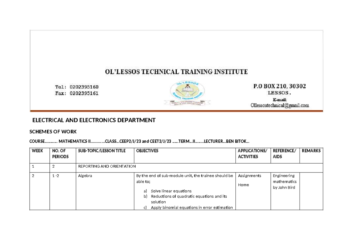 MATH II 402 Schemes of Work - Electrical Engineering - Studocu