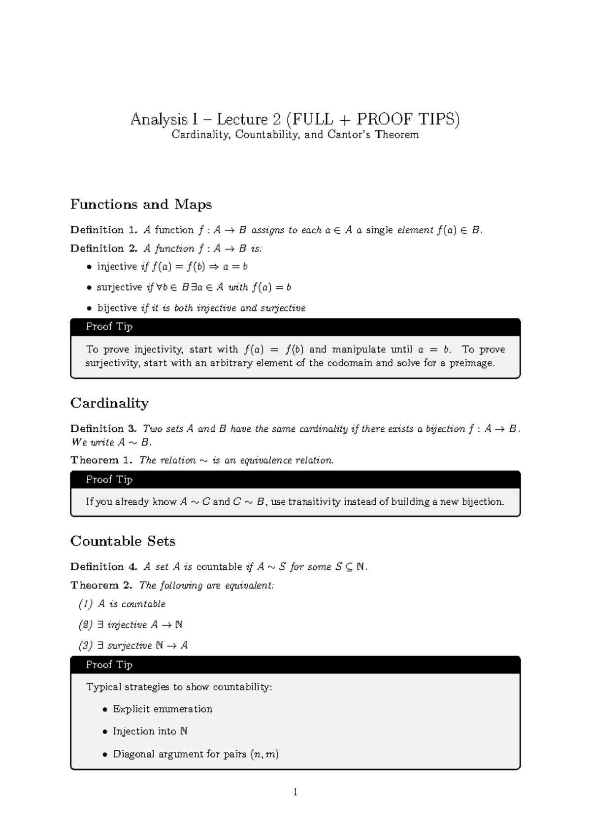 Analysis I Lecture 2 Summary: Cardinality, Countability & Proof Tips ...