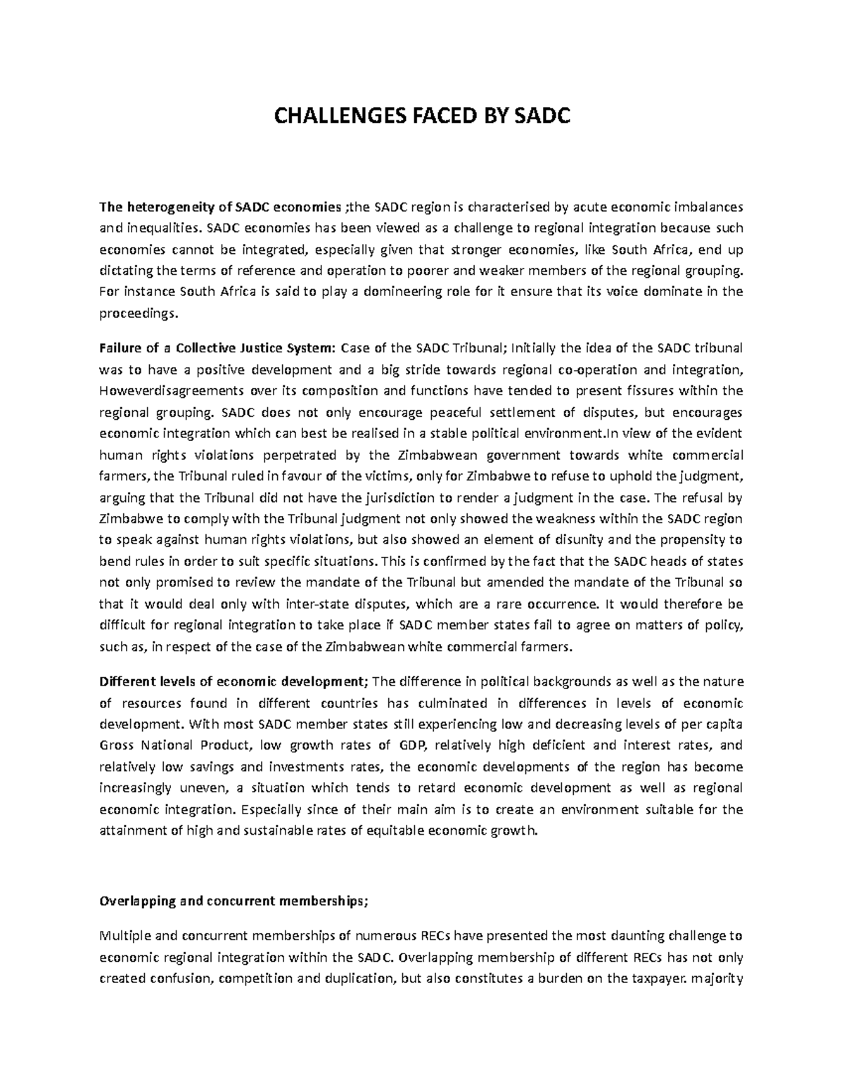Challenges to Regional Integration in SADC: Economic and Political ...
