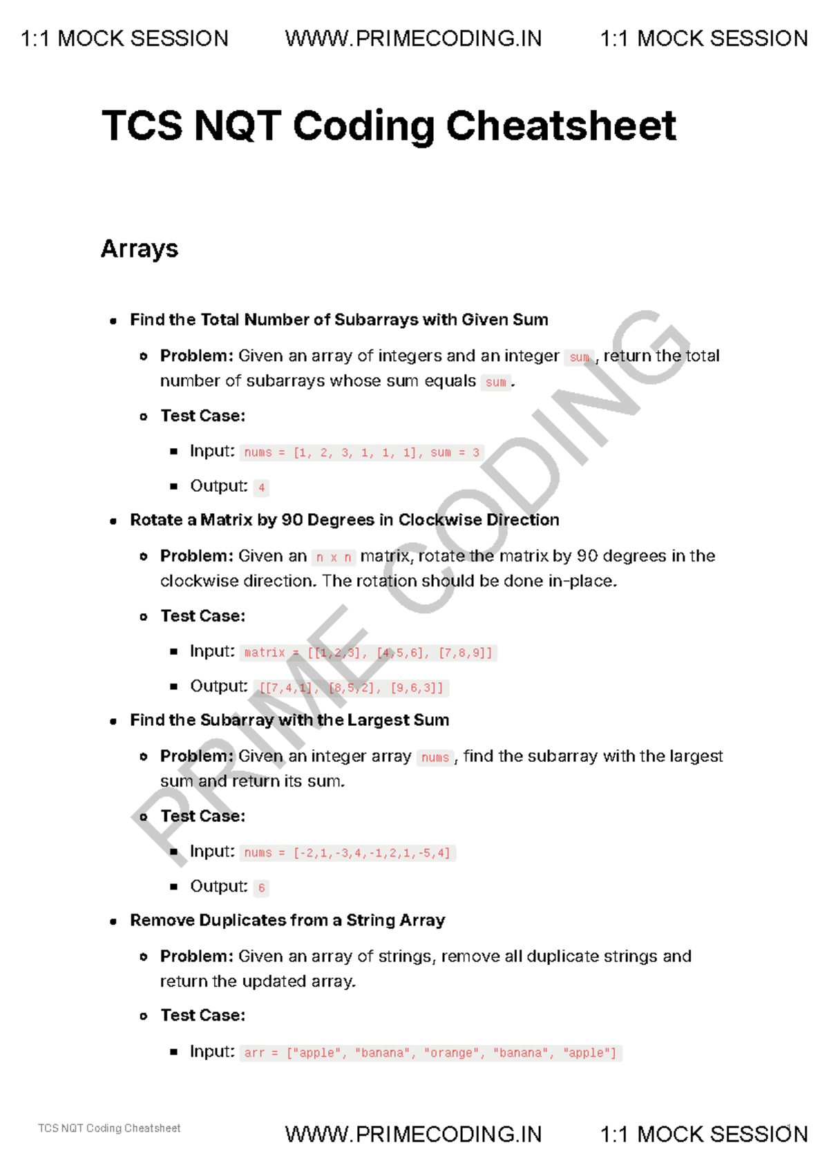 TCS NQT Coding Cheatsheet: Key Problems and Solutions - Studocu