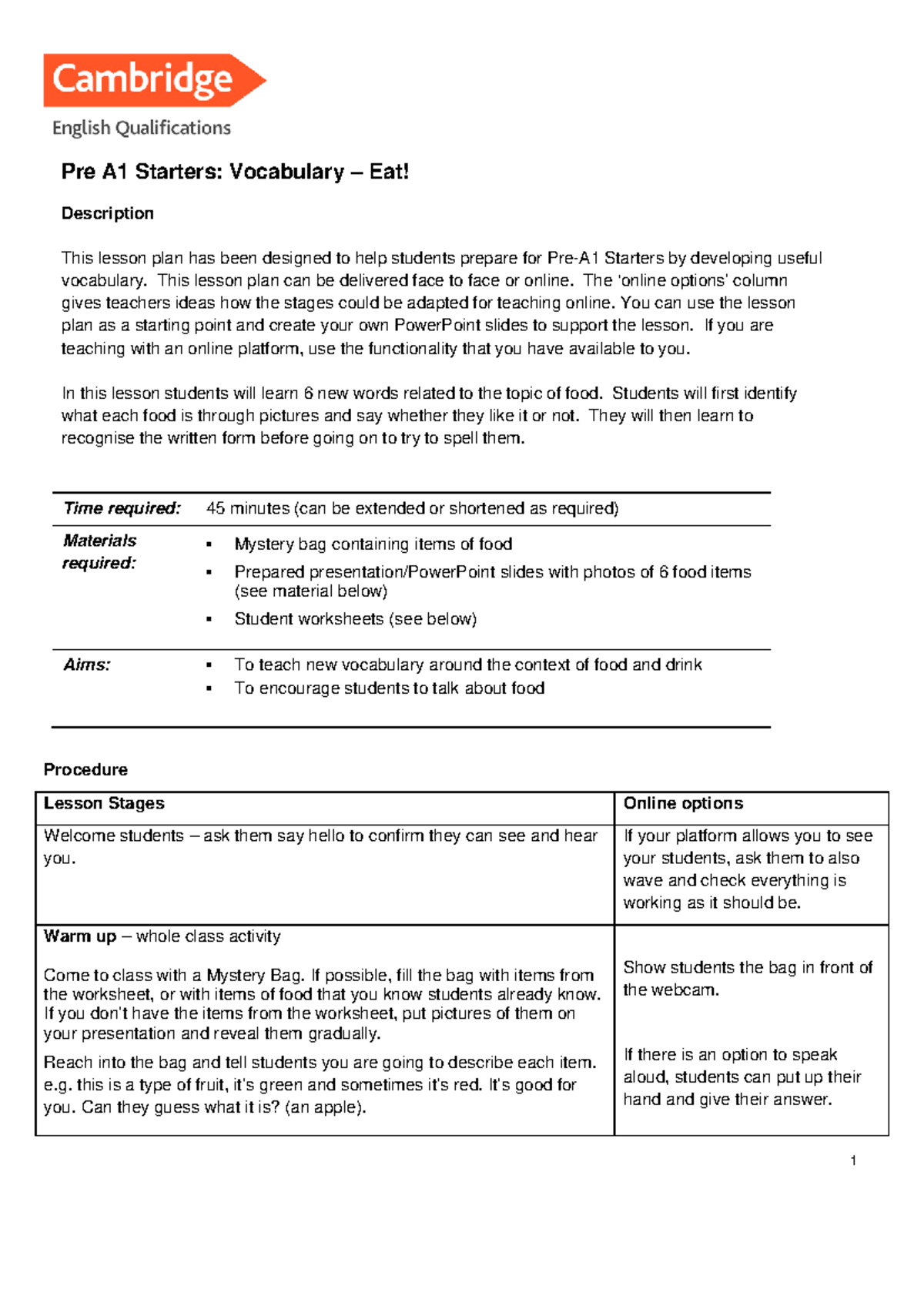 Online teaching pre a1 starters eat - Pre A1 Starters: Vocabulary – Eat ...