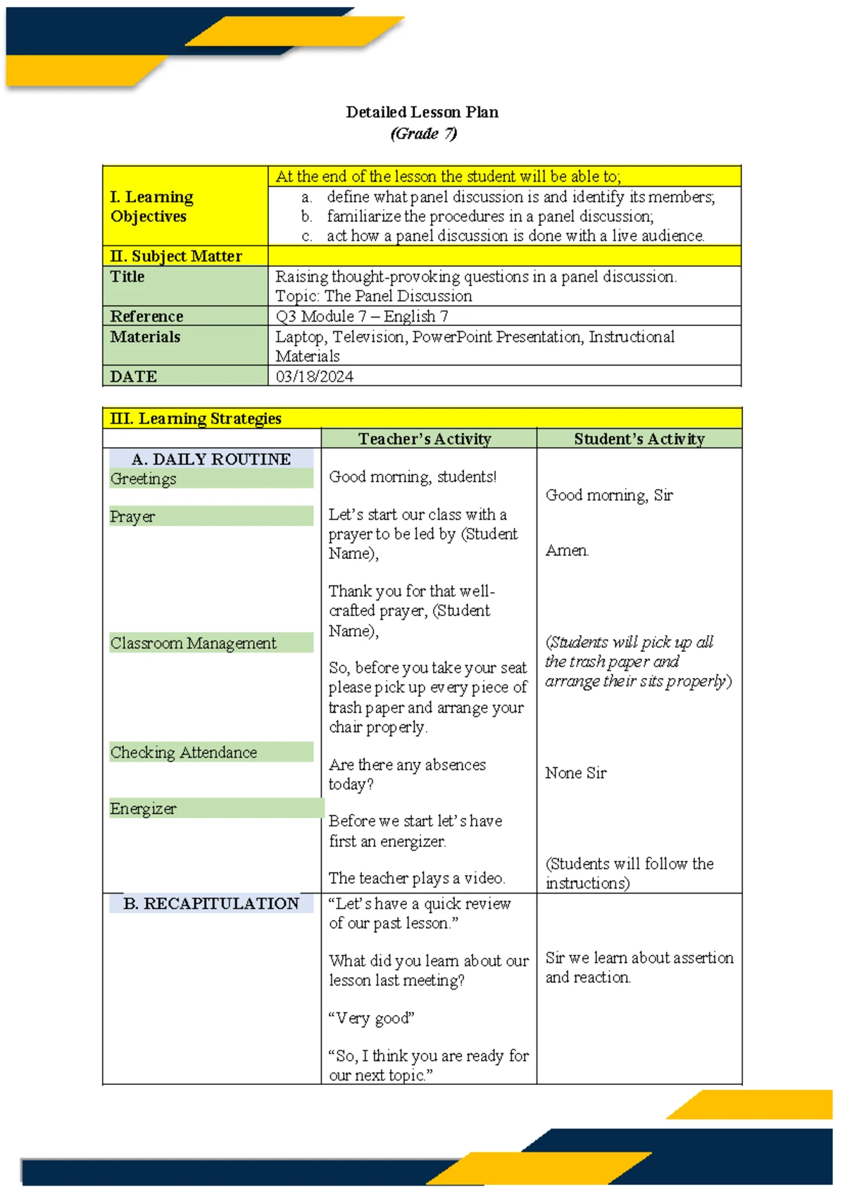 Grade 7 Lesson Plan: Understanding Panel Discussions (Q3) - Studocu