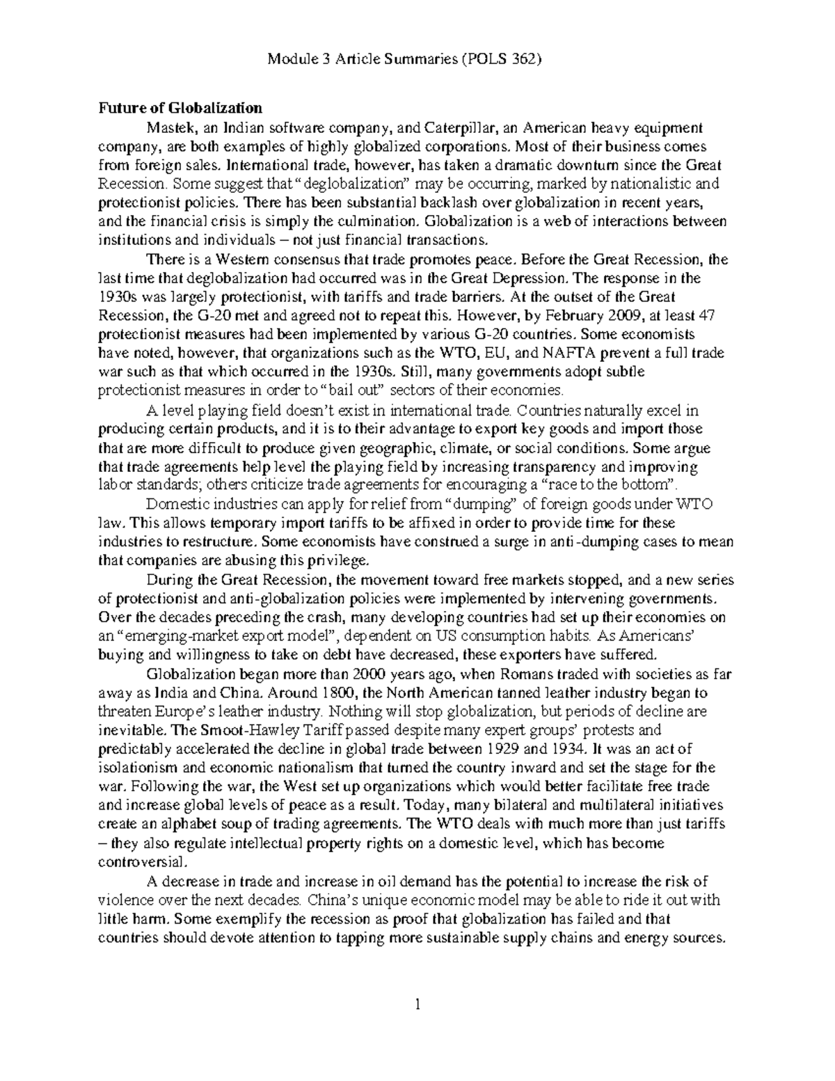 POLS 362 Module 3 Globalization: Article Summary Insights - Studocu