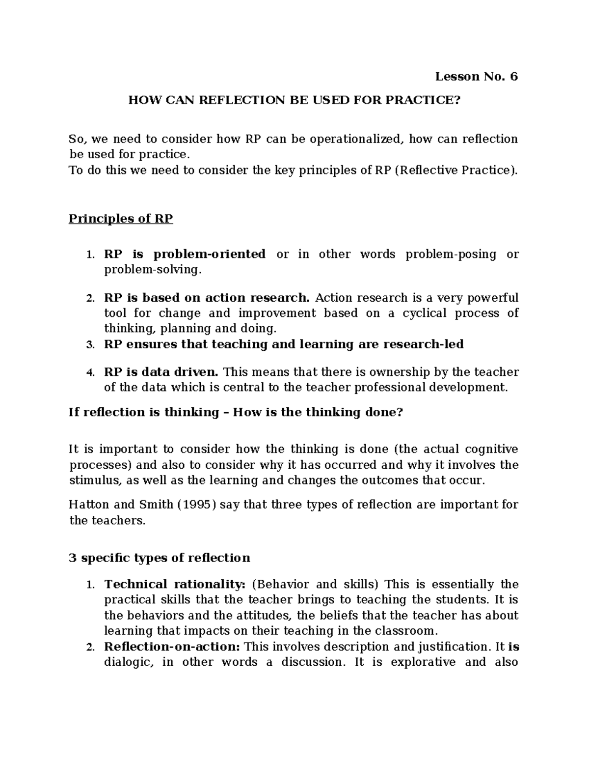 EDU406 Lesson 06 - Reflective Practice MCQs and Principles - Studocu
