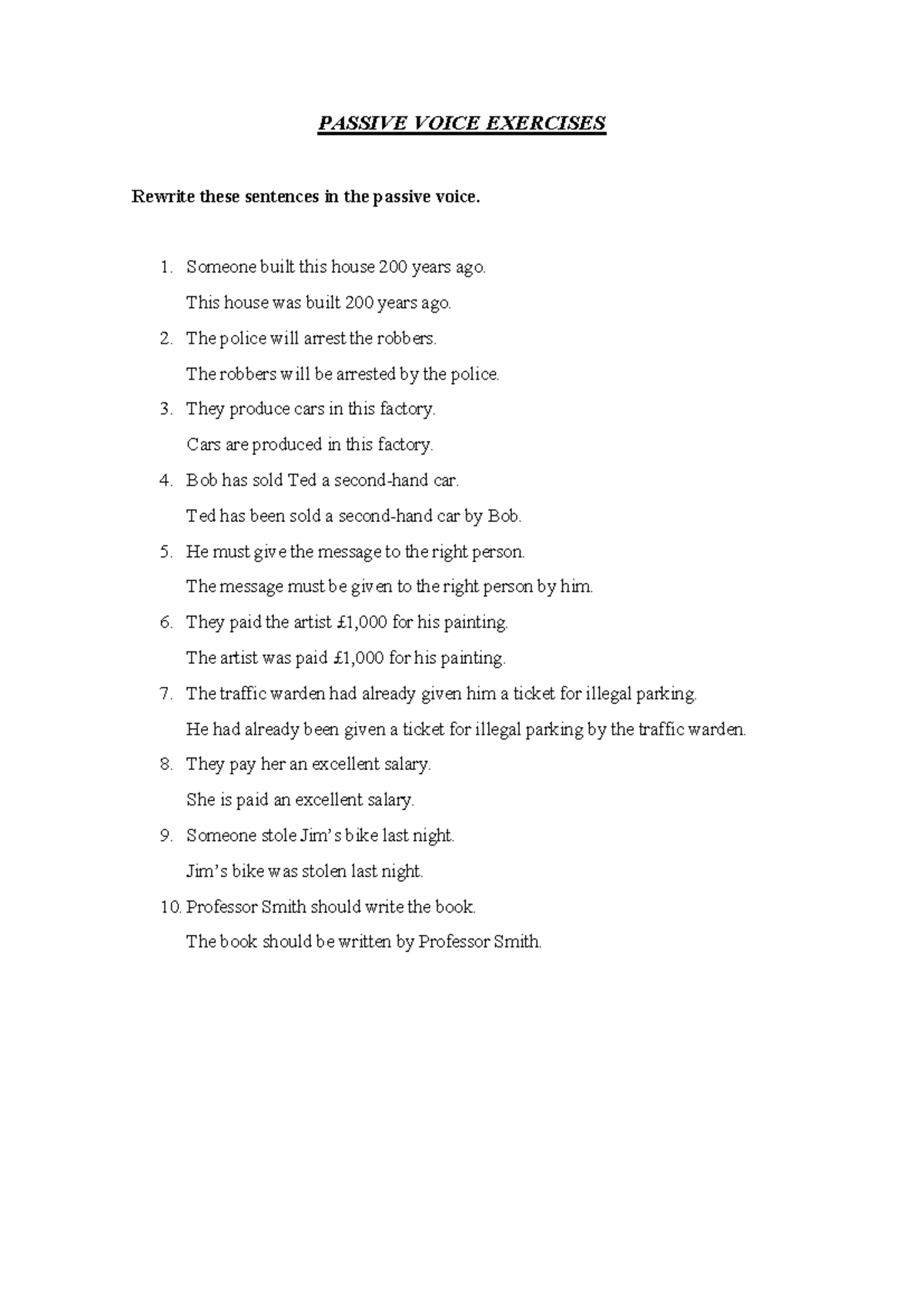 Passive Voice Exercises: Transforming Sentences to Passive Form - Studocu
