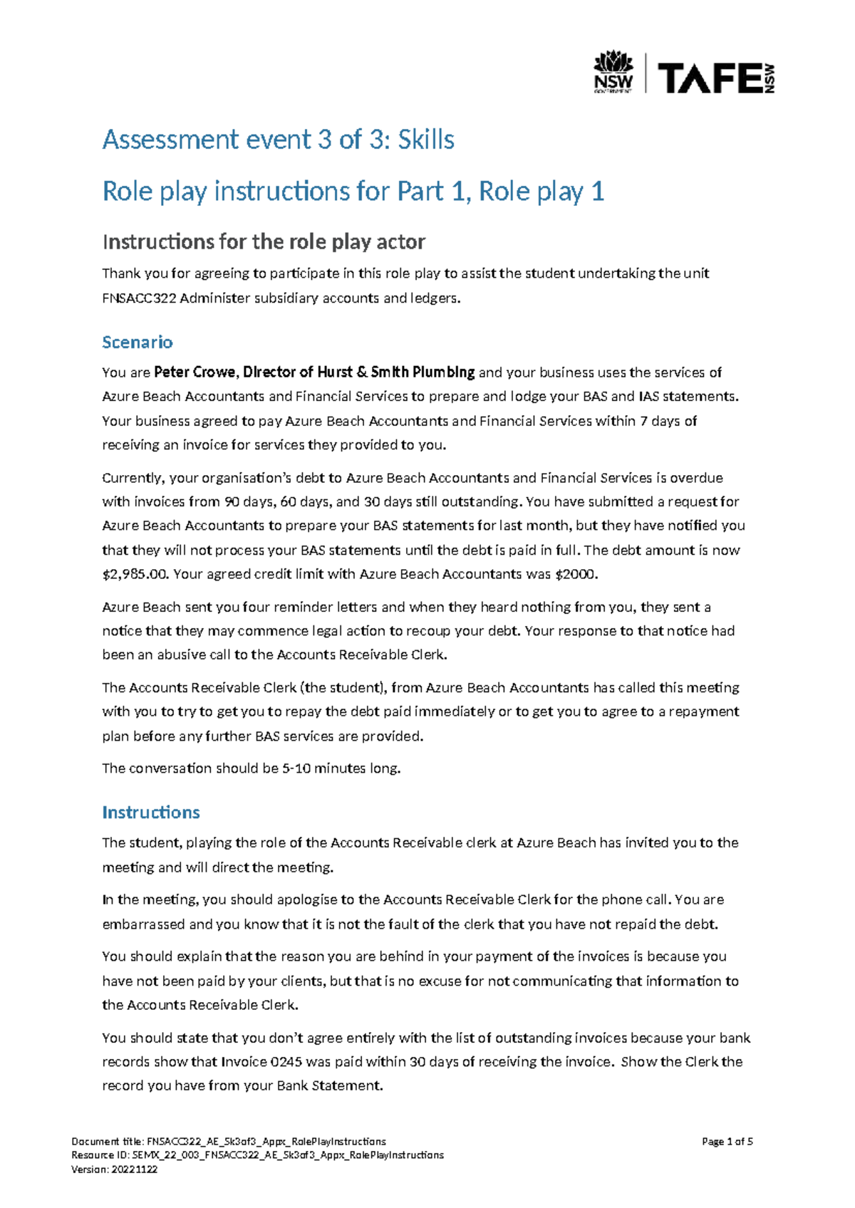 FNSACC322_AE_Sk3of3_RolePlay_Instructions_for_Actors - Studocu