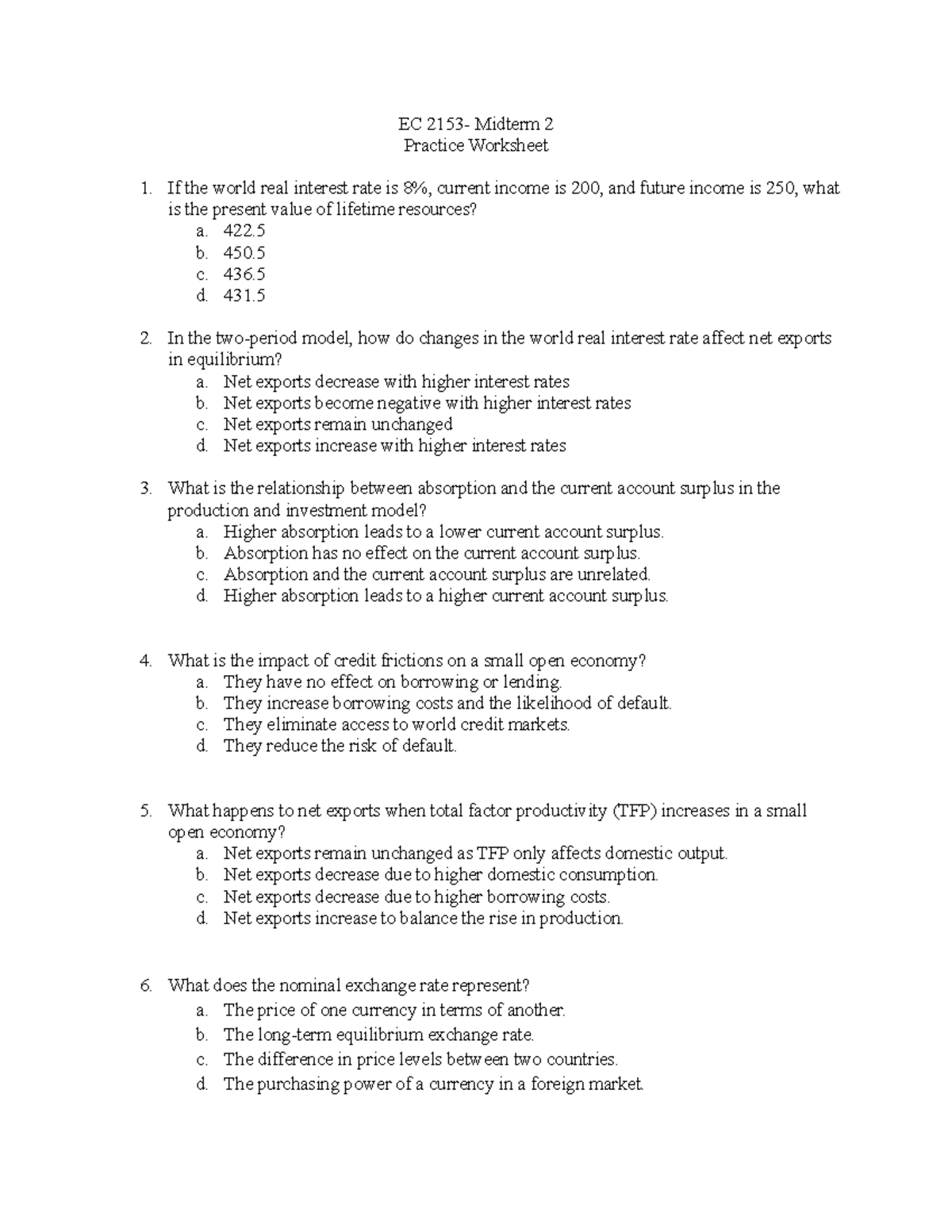 EC Midterm 2 Practice Worksheet - Past Exam Questions - Studocu