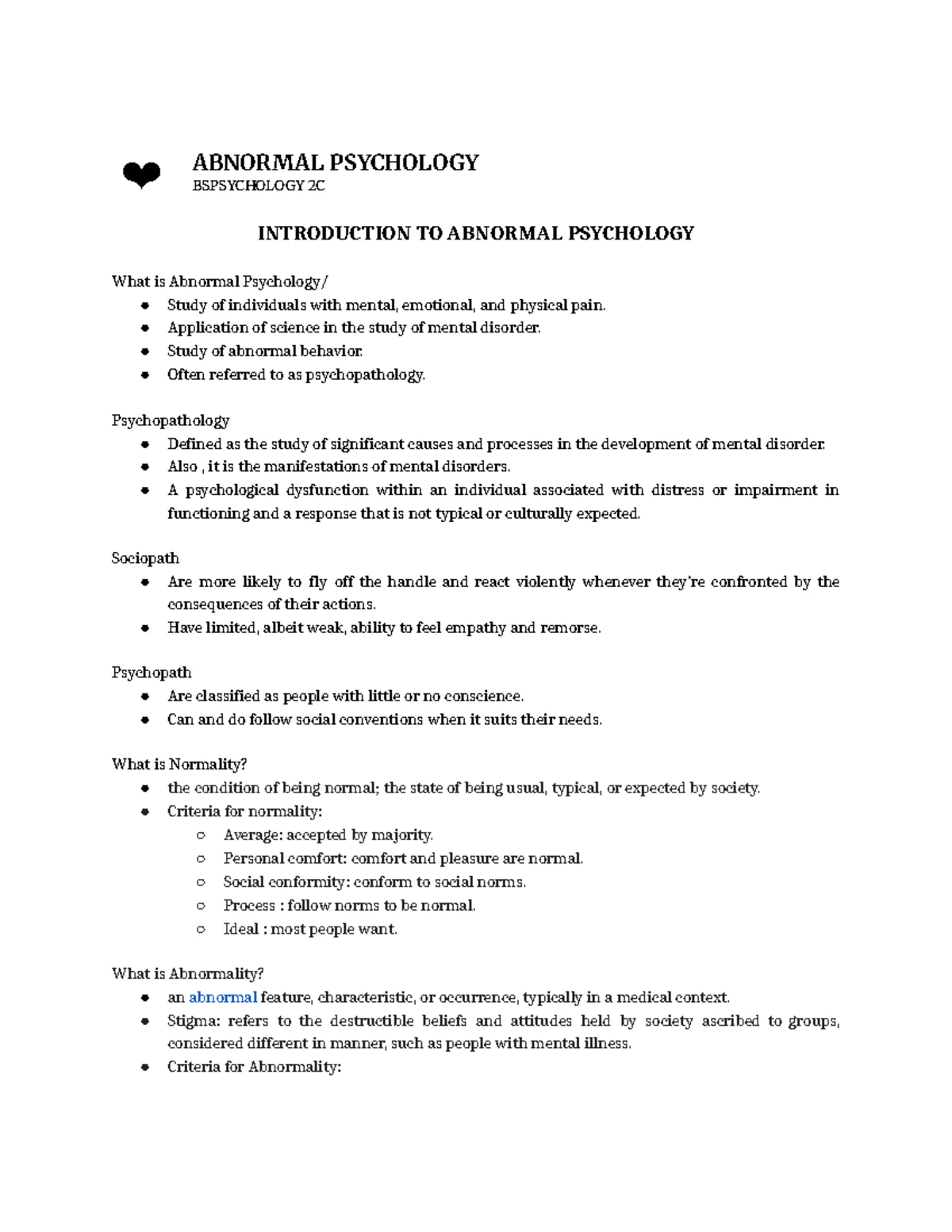 BPSY 80 - Lesson 1 & 2: Intro to Abnormal Psychology & History - Studocu