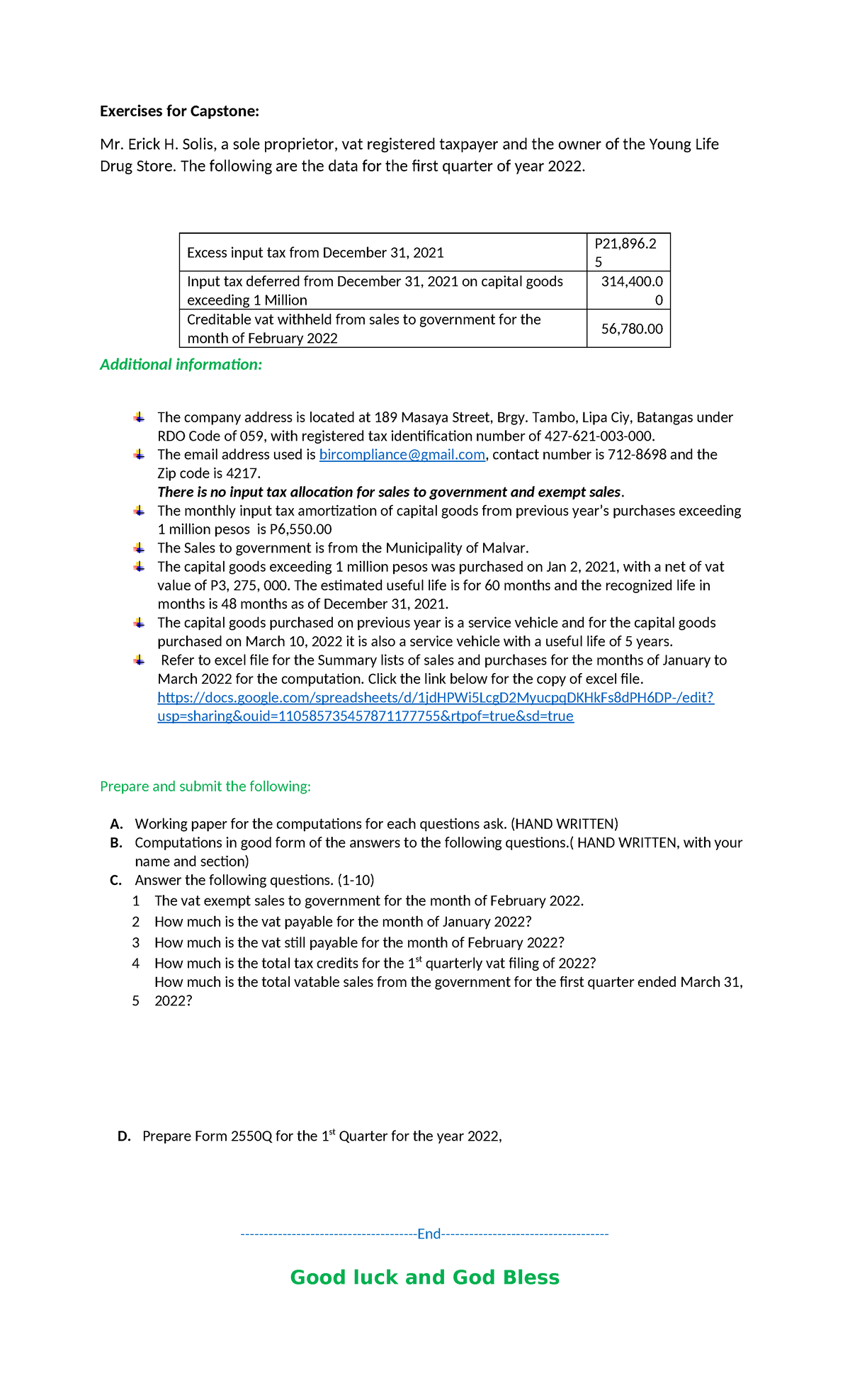 Capstone Exercises: VAT Computations & Form 2550Q for Q1 2022 - Studocu