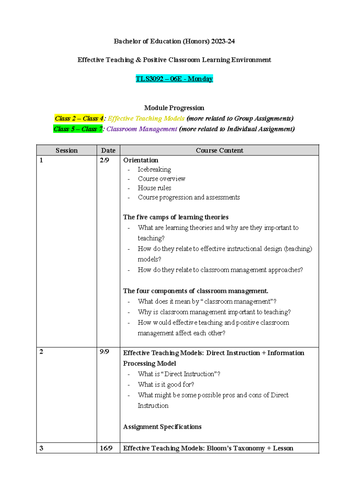 TLS3092 Effective Teaching & Classroom Management Module Outline - Studocu