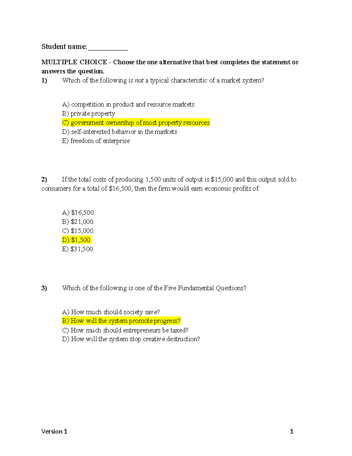 Practice Exam 1 - Student name:__________ MULTIPLE CHOICE - Choose the ...