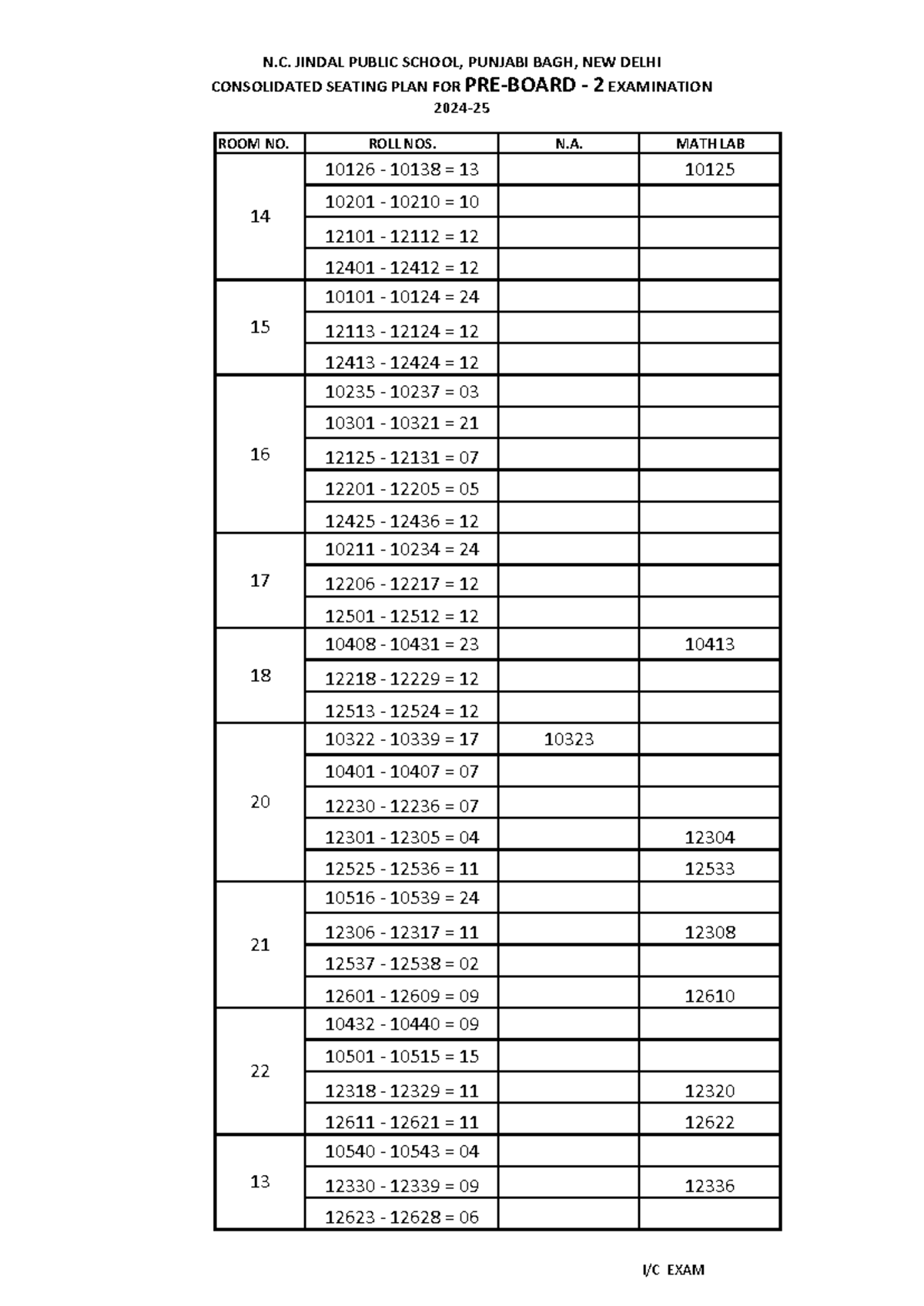 PRE Board 2024-25 Seating PLAN (1) - ROOM NO. ROLL NOS. N. MATH LAB N ...
