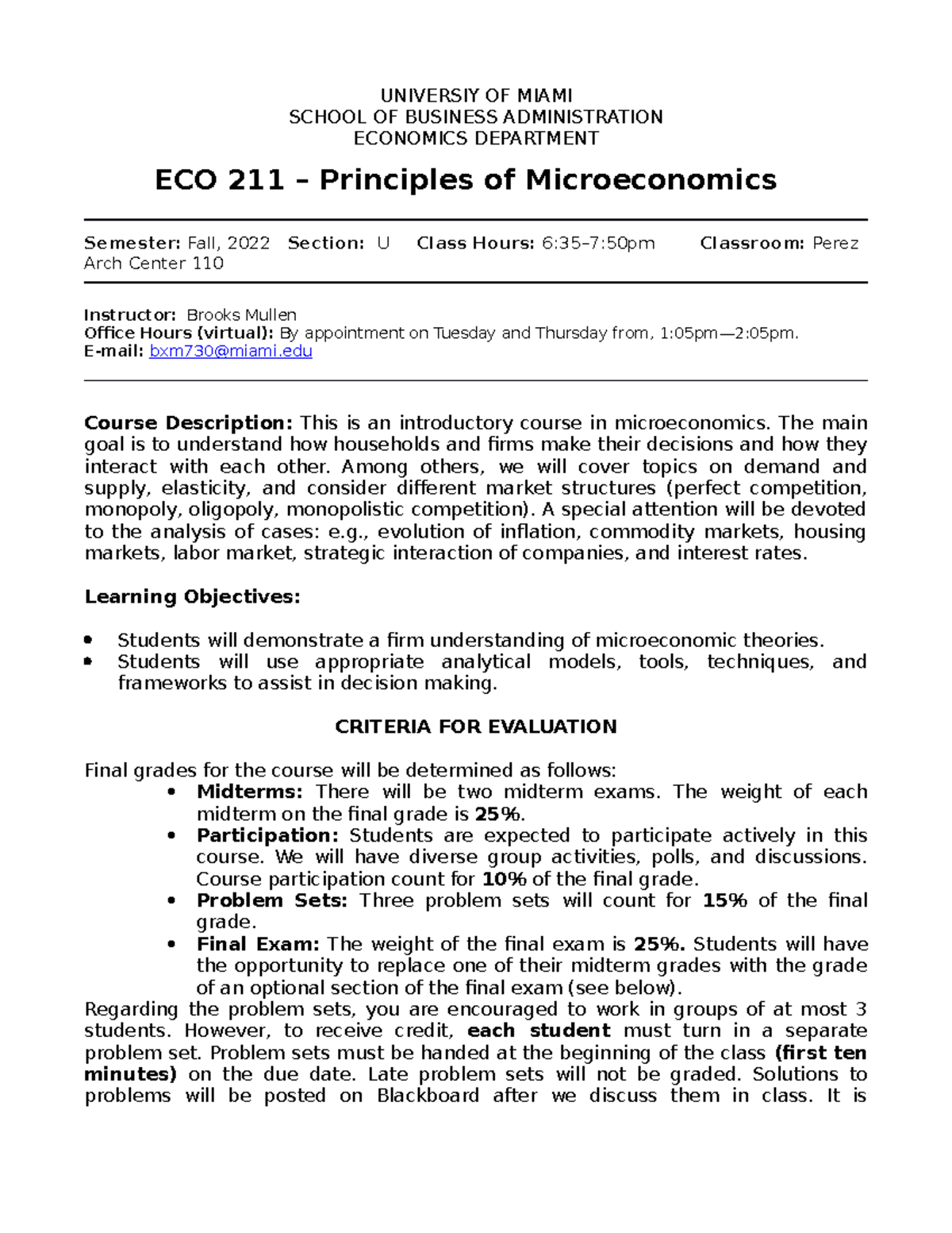 ECO 211 Syllabus - Principles of Microeconomics, Fall 2022 - Studocu