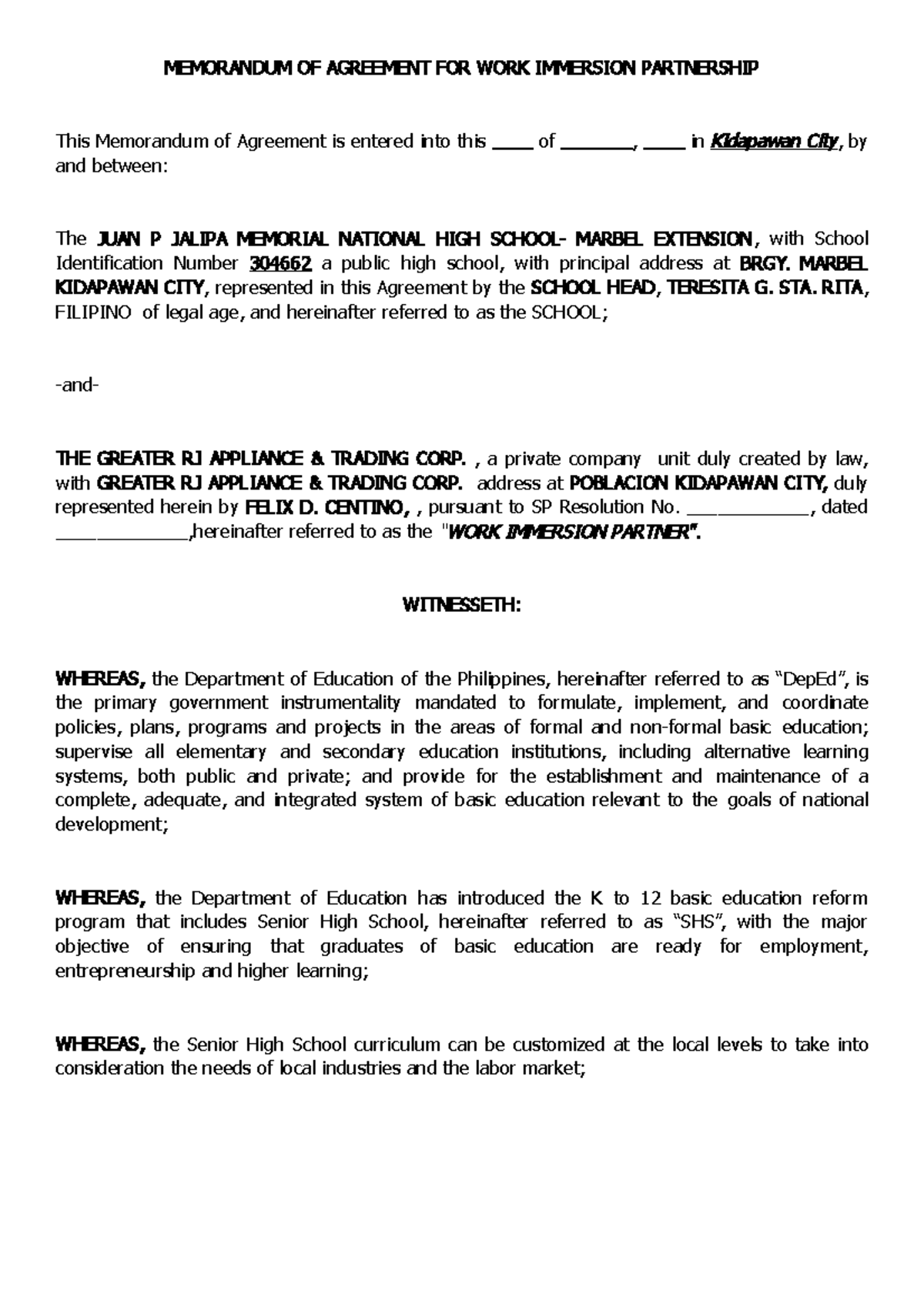 MOA for Work Immersion Partnership: JUAN P JALIPA HS & GREATER RJ - Studocu