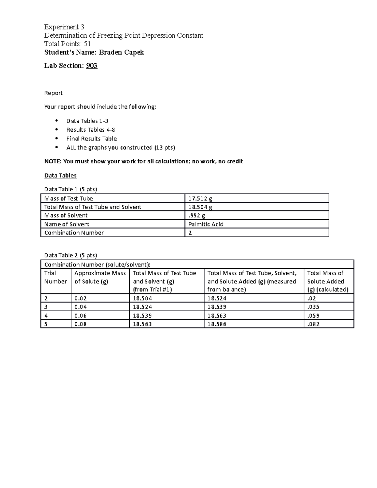 CHEM 110 L - Final Lab Report on Freezing Point Depression Experiment ...