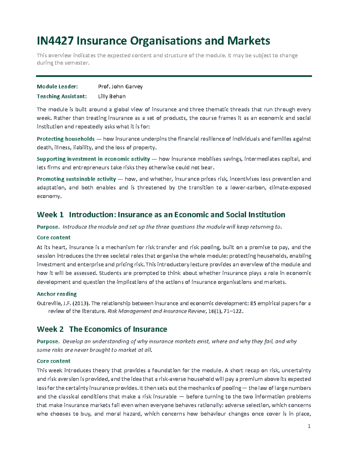 IN4427 Insurance Organisations and Markets: Module Overview and ...